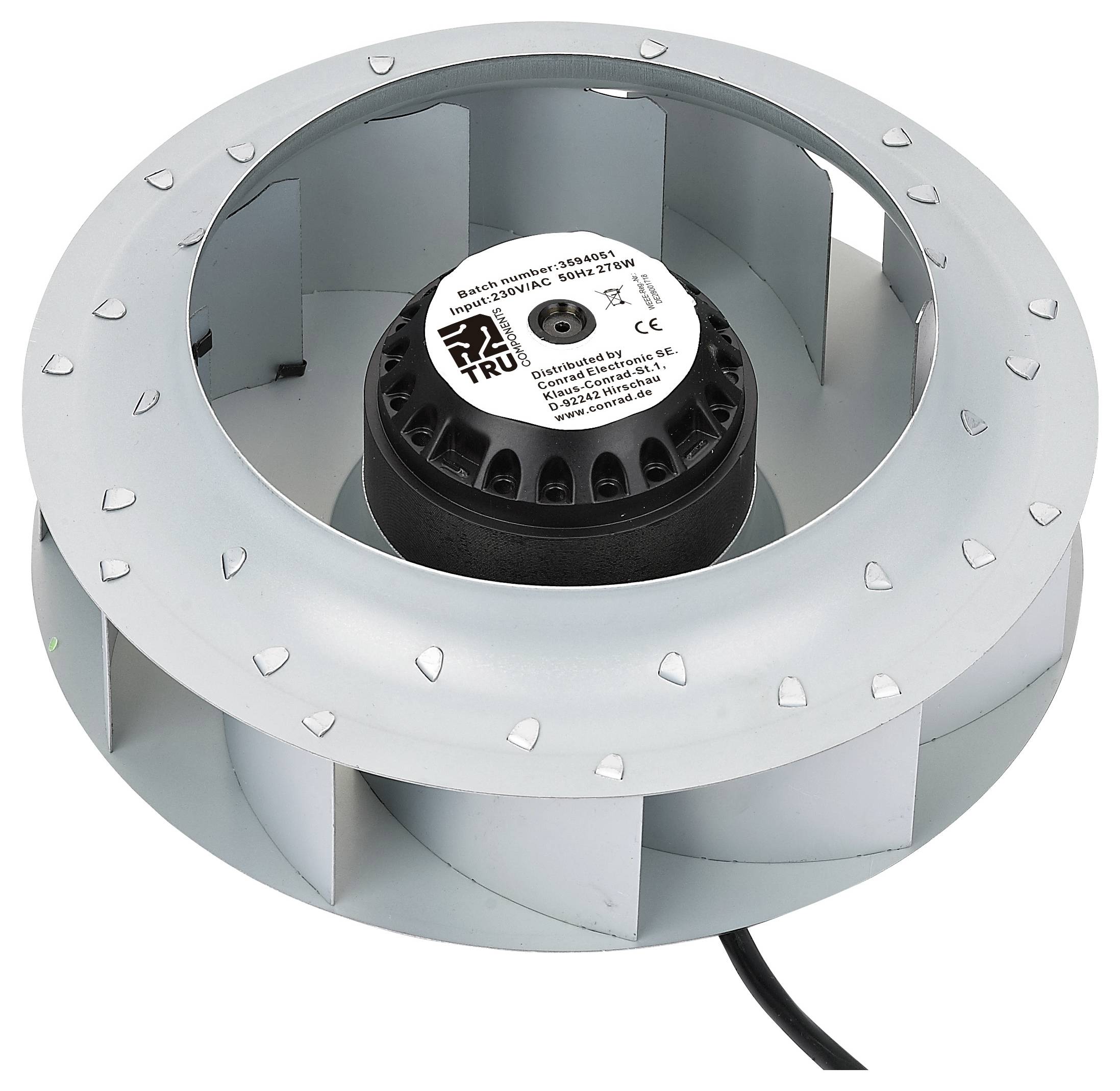 'Metalen centrifugaalventilator met etiket waarop modelnummer 33492S staat, vervaardigd door Truaire, met radiale schoepen en zwarte centrale as.'