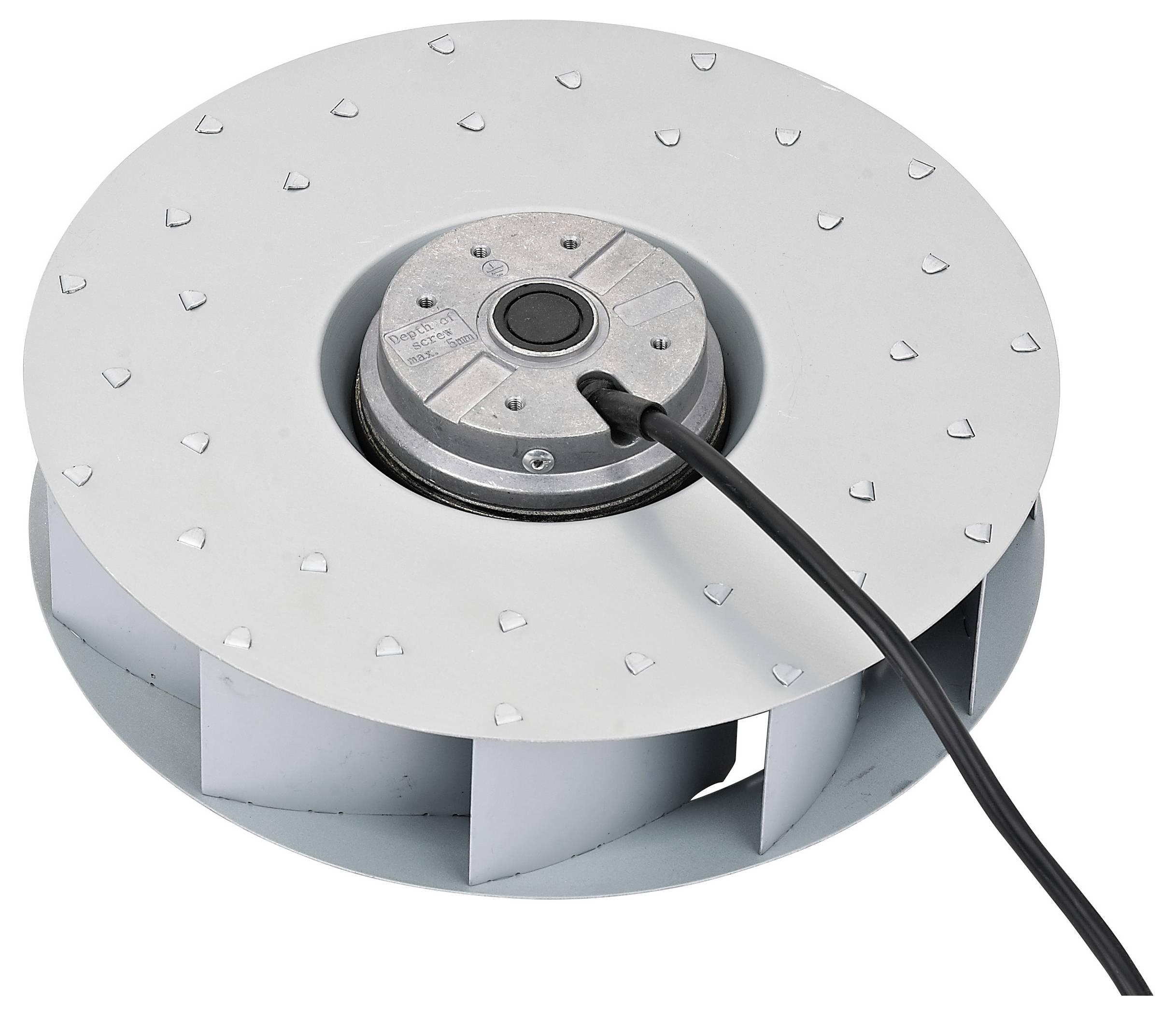 Een ronde, metalen centrifugaalkwast met een blootgestelde centrale motor en een aangesloten zwarte kabel, ontworpen voor ventilatiesystemen.