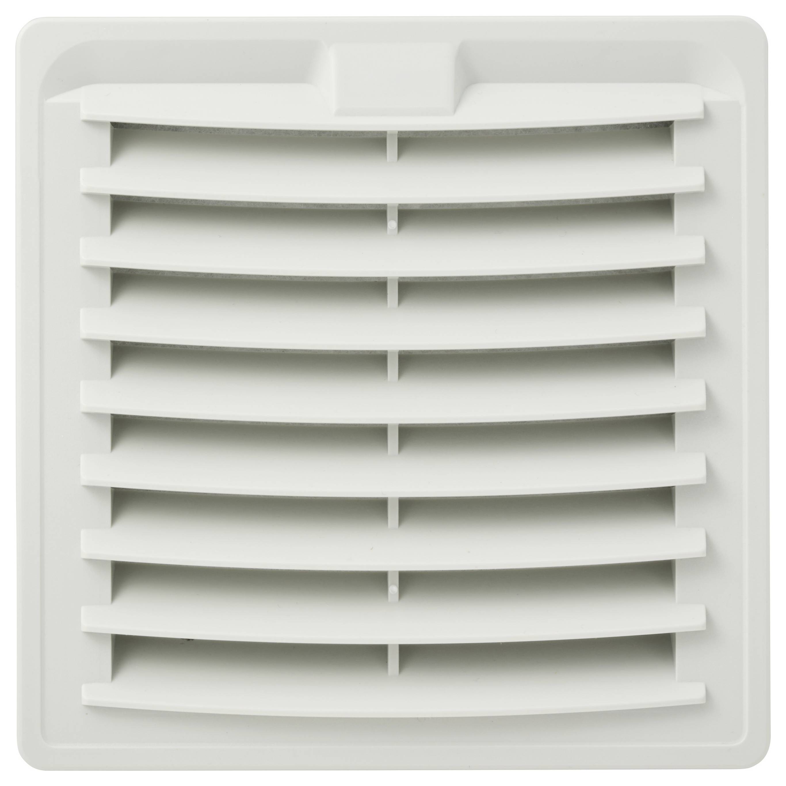 Een wit vierkant luchtroosterkap met horizontale latten, gebruikt voor ventilatie in muren of plafonds, die luchtstroom toelaat terwijl openingen worden beschermd.