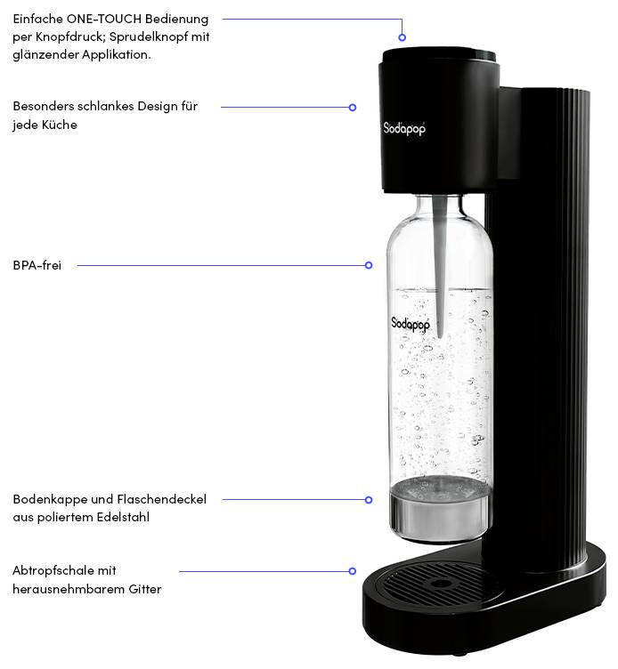 'Sodapop' watermaker met een strak zwart design. Kenmerken zijn onder andere BPA-vrije materialen, een gepolijste roestvrijstalen dop en een verwijderbare lekbak.