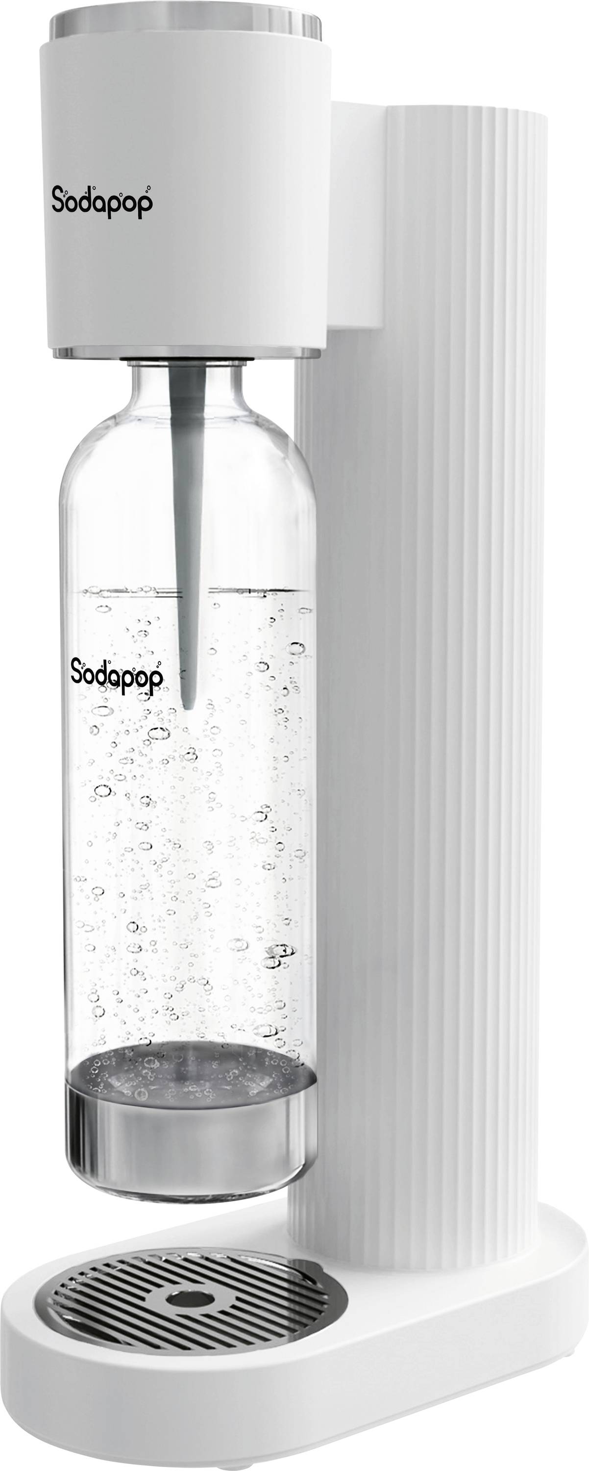 Een witte sodamachine gelabeld als 'Sodapop', met een heldere fles gevuld met koolzuurhoudend water, geplaatst in de houder.