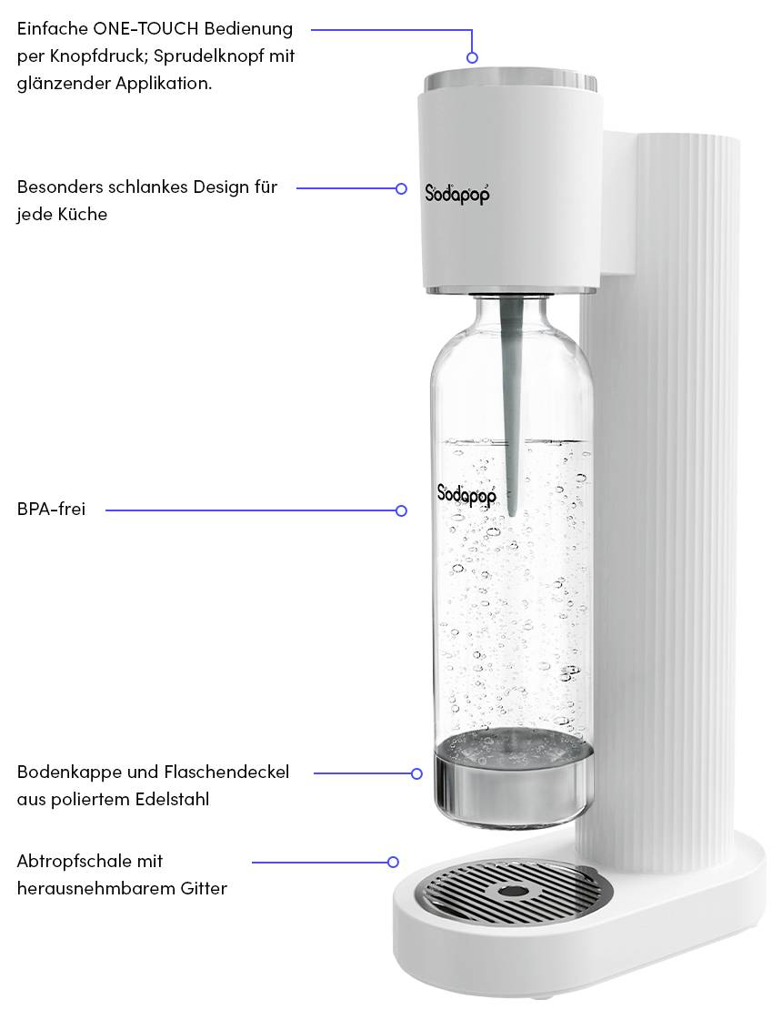 'Sodapop' waterbruiser in strak design, bedienbaar met een druk op de knop, BPA-vrij, met roestvrij stalen accenten en uitneembare lekbak.