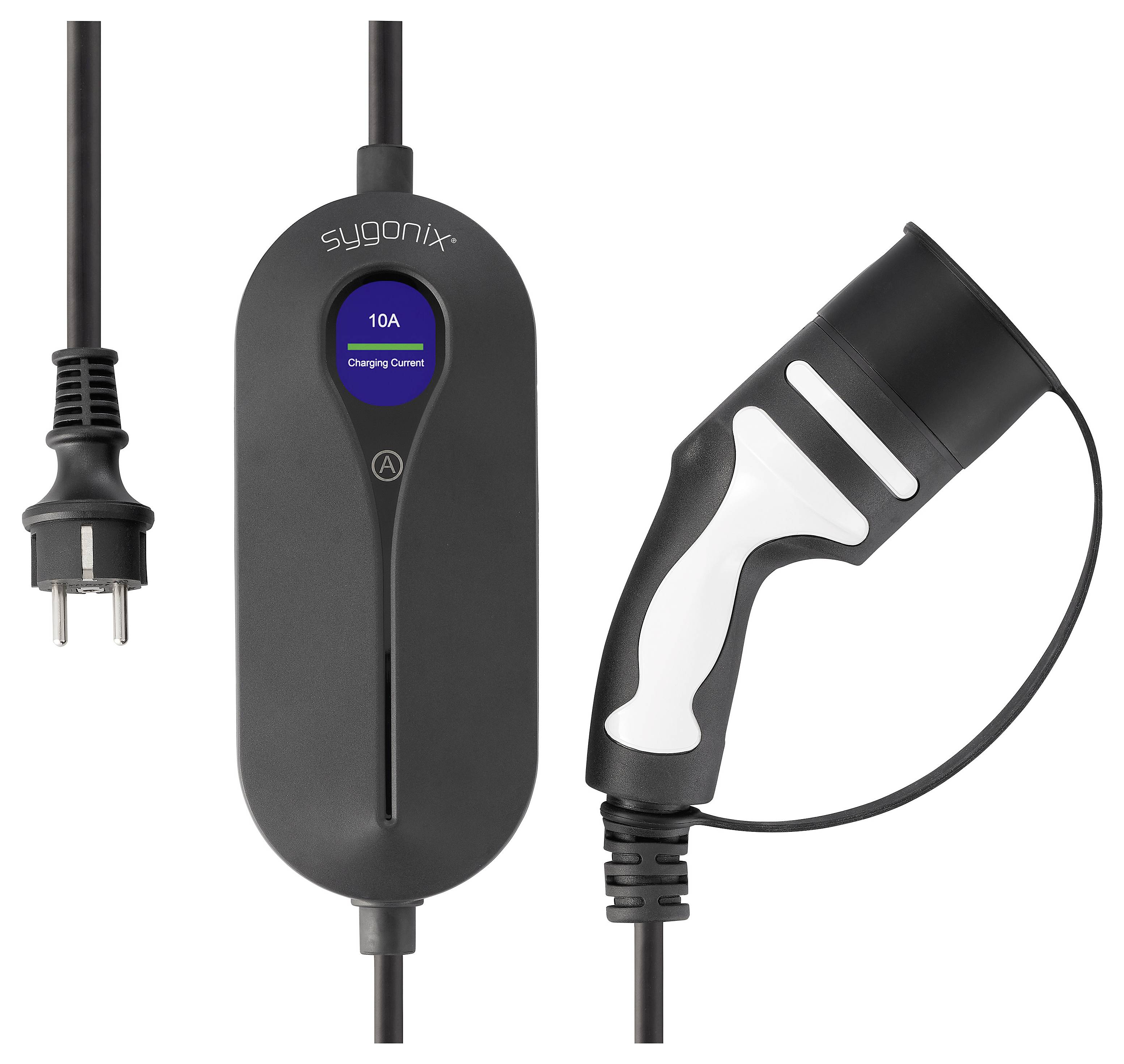 'Elektrische voertuiglaadkabel met stekker en handvat, gelabeld sygonix, tonend 10A laadstroom op digitaal display.'