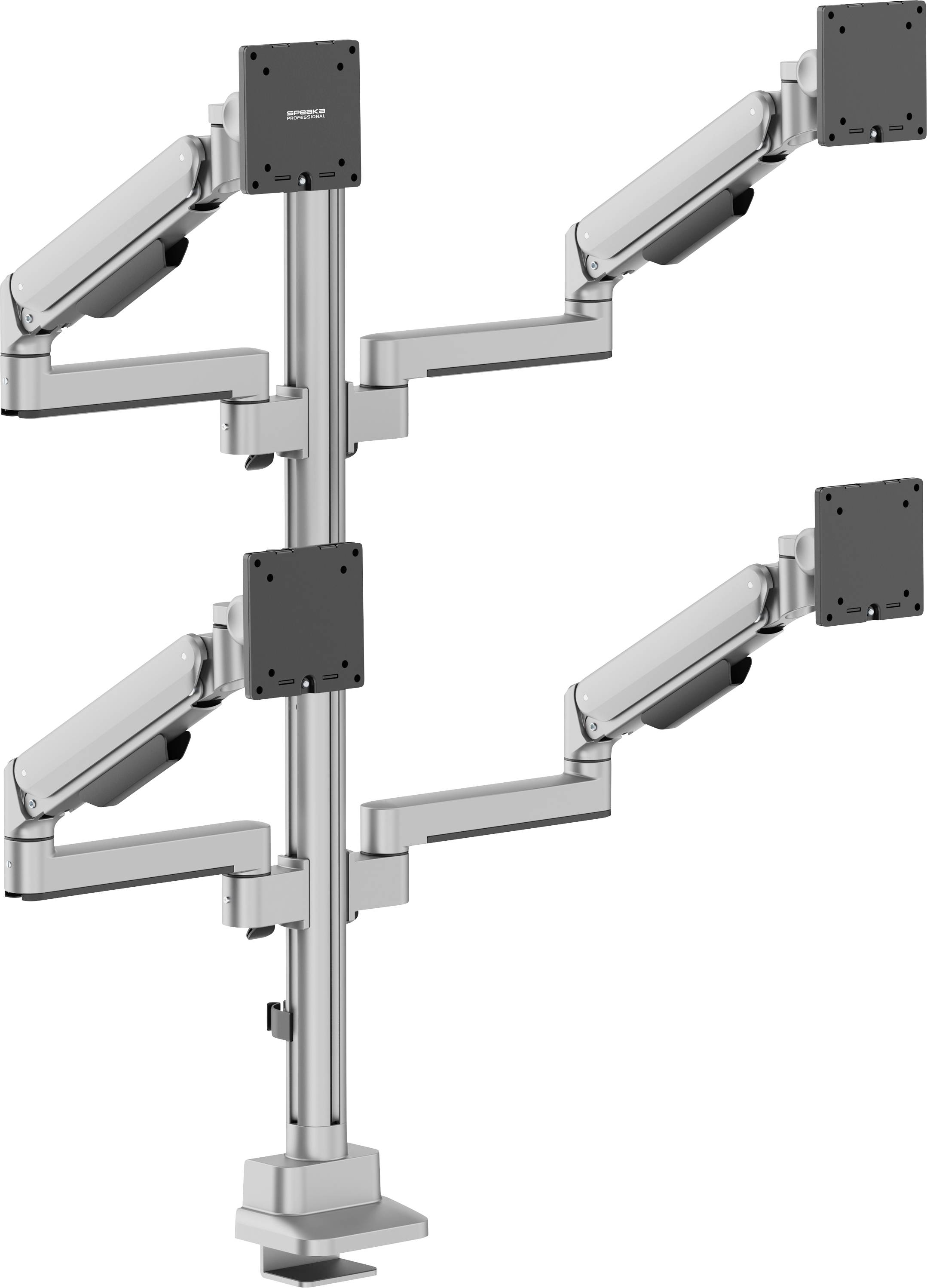 Metalen monitorhouder met centrale paal en vier verstelbare armen, die schermen in een gestapelde twee-bij-twee opstelling ondersteunt.