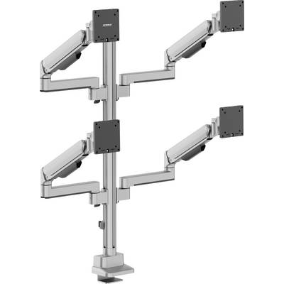Metalen monitorhouder met centrale paal en vier verstelbare armen, die schermen in een gestapelde twee-bij-twee opstelling ondersteunt.