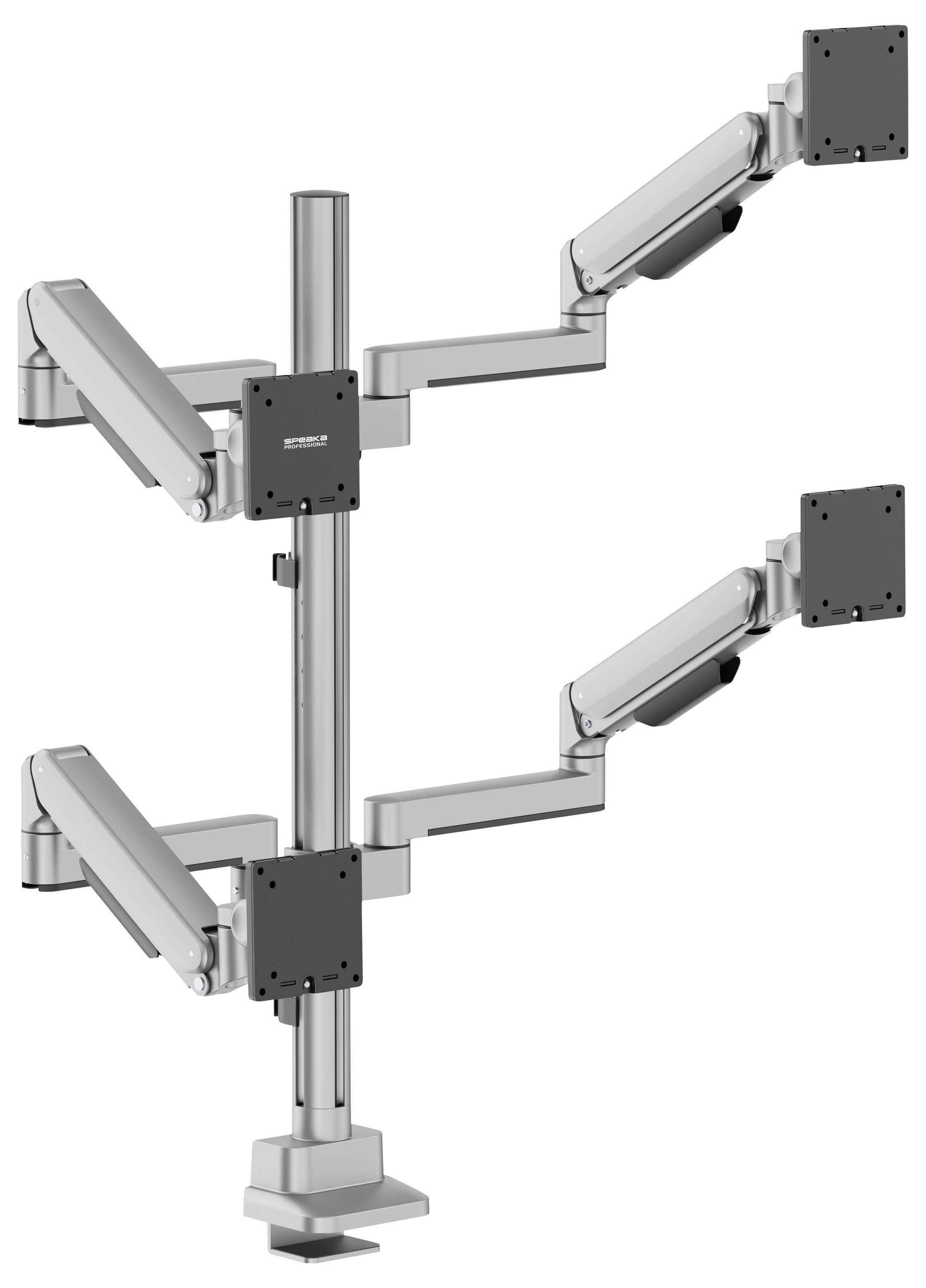 Diagram van een dual monitorarm gemonteerd op een verticale paal, met twee verstelbare armen die uitstrekken om schermen op verschillende hoogten vast te houden.