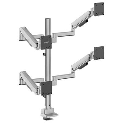 Diagram van een dual monitorarm gemonteerd op een verticale paal, met twee verstelbare armen die uitstrekken om schermen op verschillende hoogten vast te houden.
