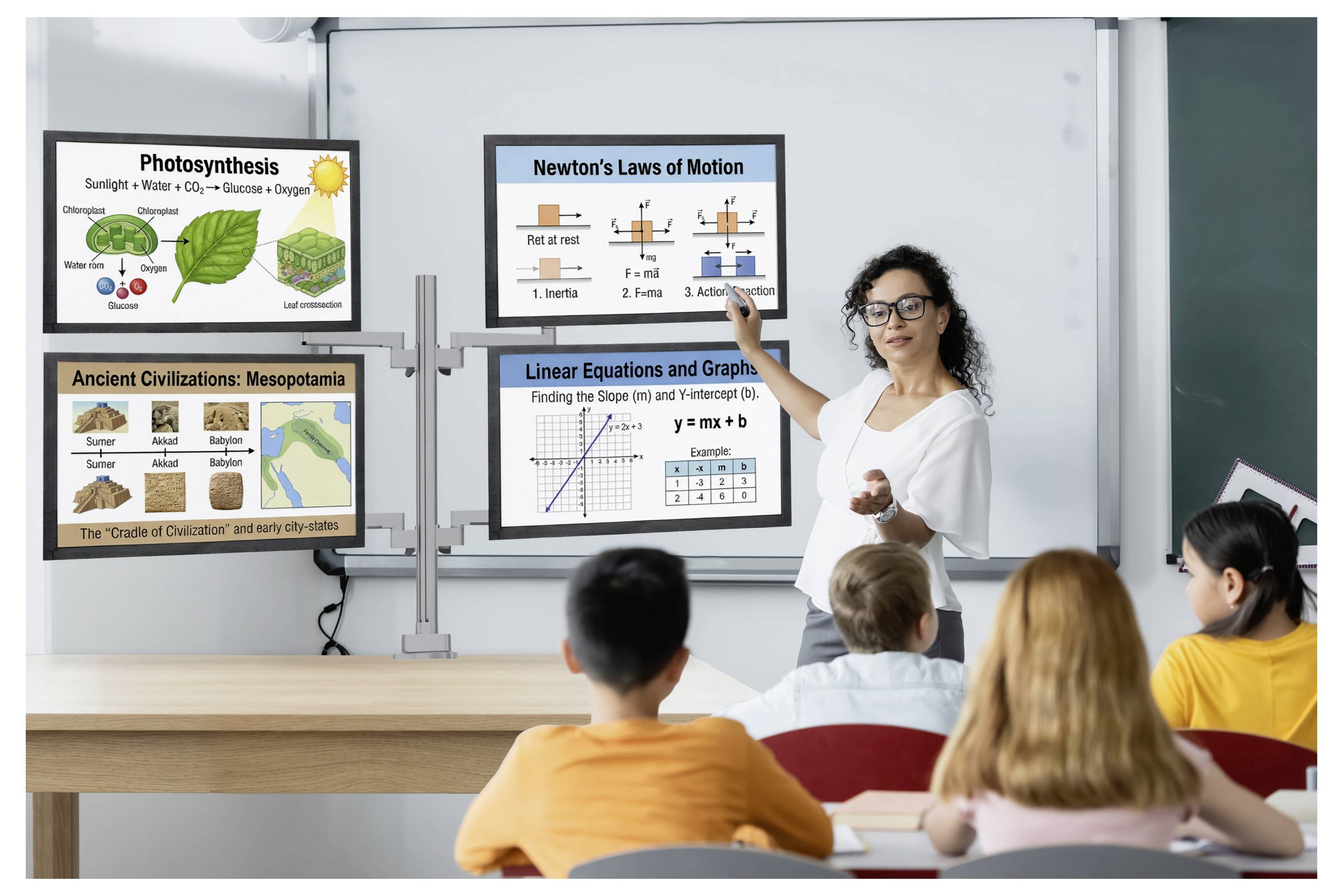 Docent presenteert een wetenschapsles op een scherm met fotosynthese, Newtons wetten, oud-Mesopotamië en lineaire vergelijkingen voor zittende leerlingen.