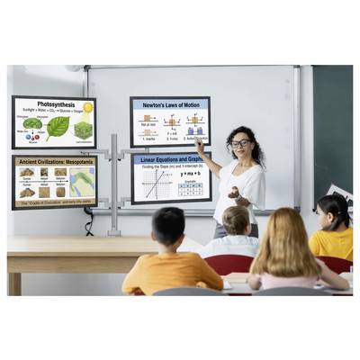 Docent presenteert een wetenschapsles op een scherm met fotosynthese, Newtons wetten, oud-Mesopotamië en lineaire vergelijkingen voor zittende leerlingen.