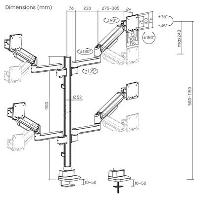SpeaKa Professional SP-MM-1070 Tafelbeugel voor monitor Aantal monteerbare displays: 4 Display(s) 43,2 cm (17") - 101,6 -6