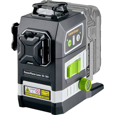 Een zwart en groen lasernivelleringsinstrument met het label 'Laserliner', voorzien van helderheids- en vermogensregelingen, waarbij het batterijcompartiment en waarschuwingslabels zichtbaar zijn.