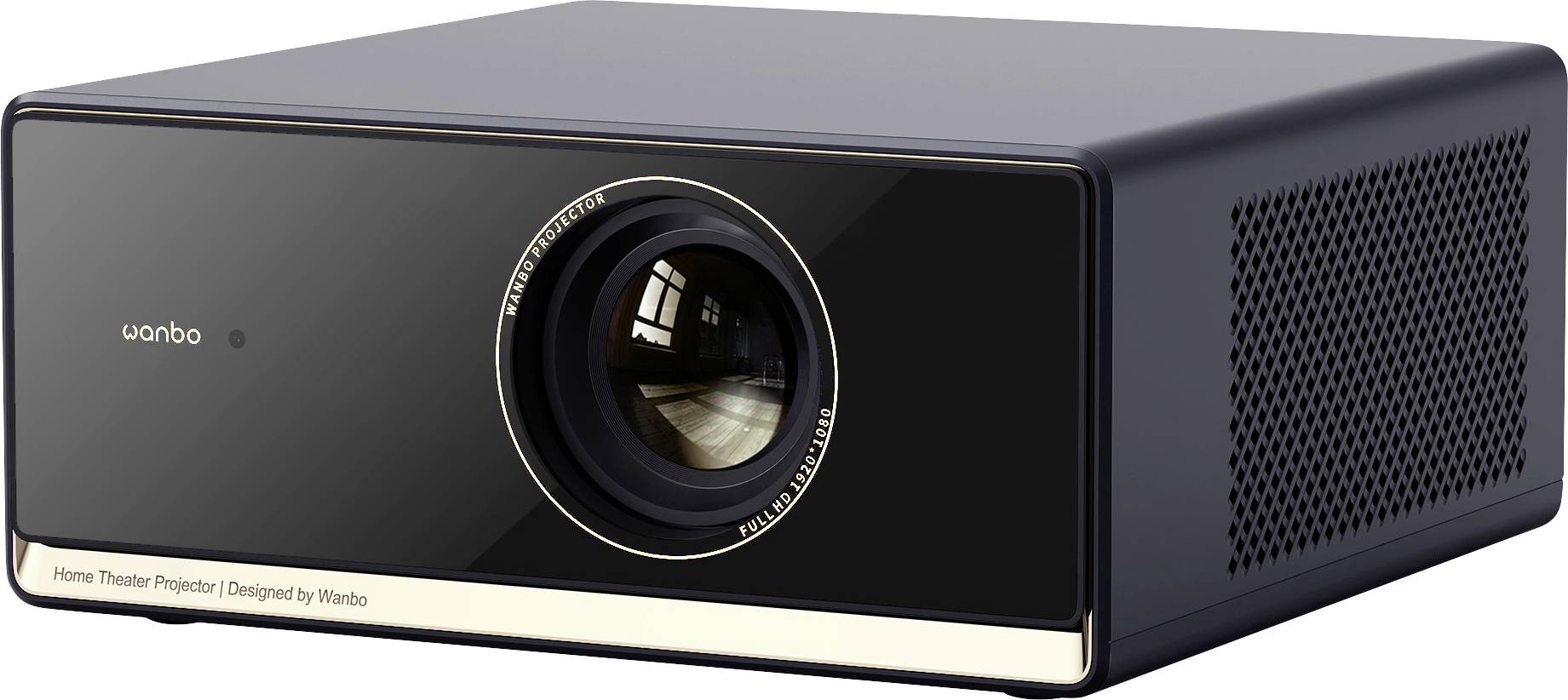 Een zwarte rechthoekige thuisbioscoop projector met een groot objectief, ontworpen door Wanbo, met ventilatieroosters aan de rechterkant.