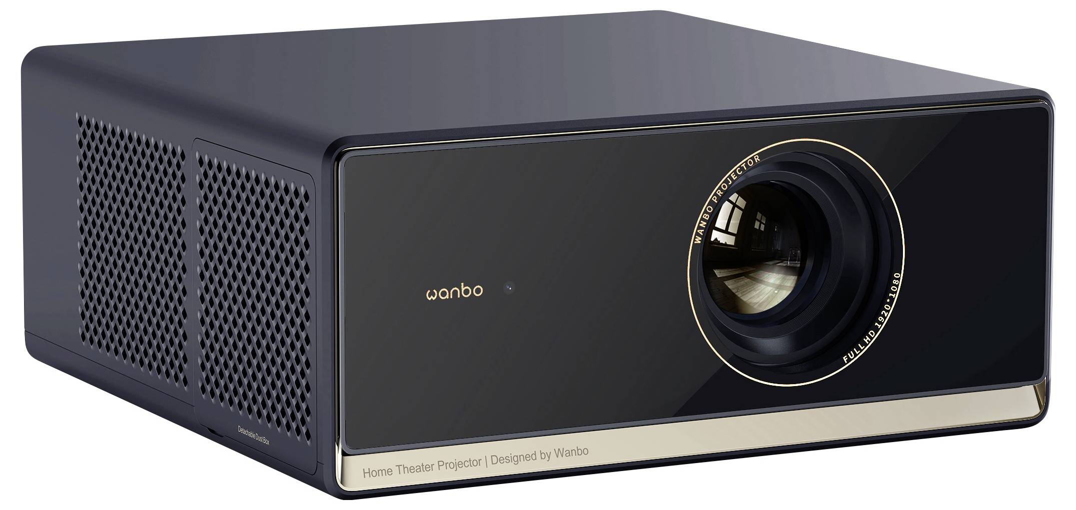 Zwarte thuisbioscoop projector met lens aan de rechterkant, met geperforeerde koelingsopeningen aan de zijkanten.