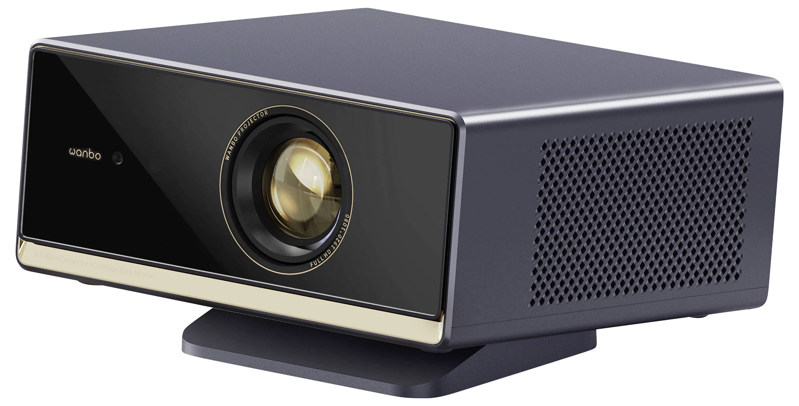 Een slanke, zwarte projector met goudkleurige versiering op een standaard, met een prominente lens aan de voorkant en ventilatie aan de zijkant.