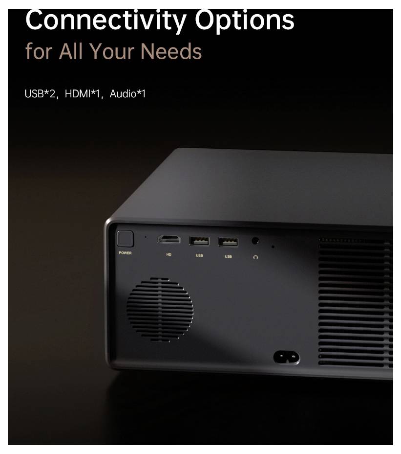 'Connectiviteitsopties voor al uw behoeften' wordt weergegeven boven een zwart apparaat met meerdere poorten: USB x2, HDMI x1, Audio x1.