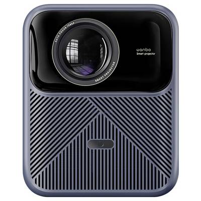 Vooraanzicht van een zwart en grijs Wanbo slimme projector met een grote lens bovenop en een diagonaal geventileerd rooster eronder.