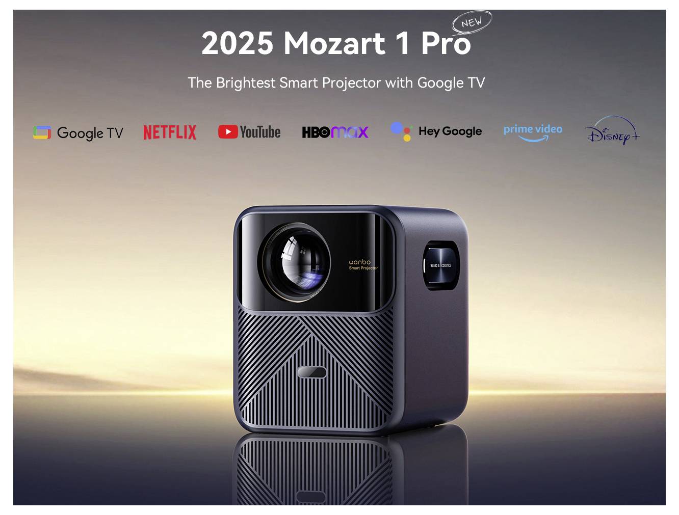 Draagbare projector met ingebouwde batterij; de tekst zegt dat een batterij van 99Wh tot 3,5 uur afspeeltijd biedt voor films en sportuitzendingen buiten.