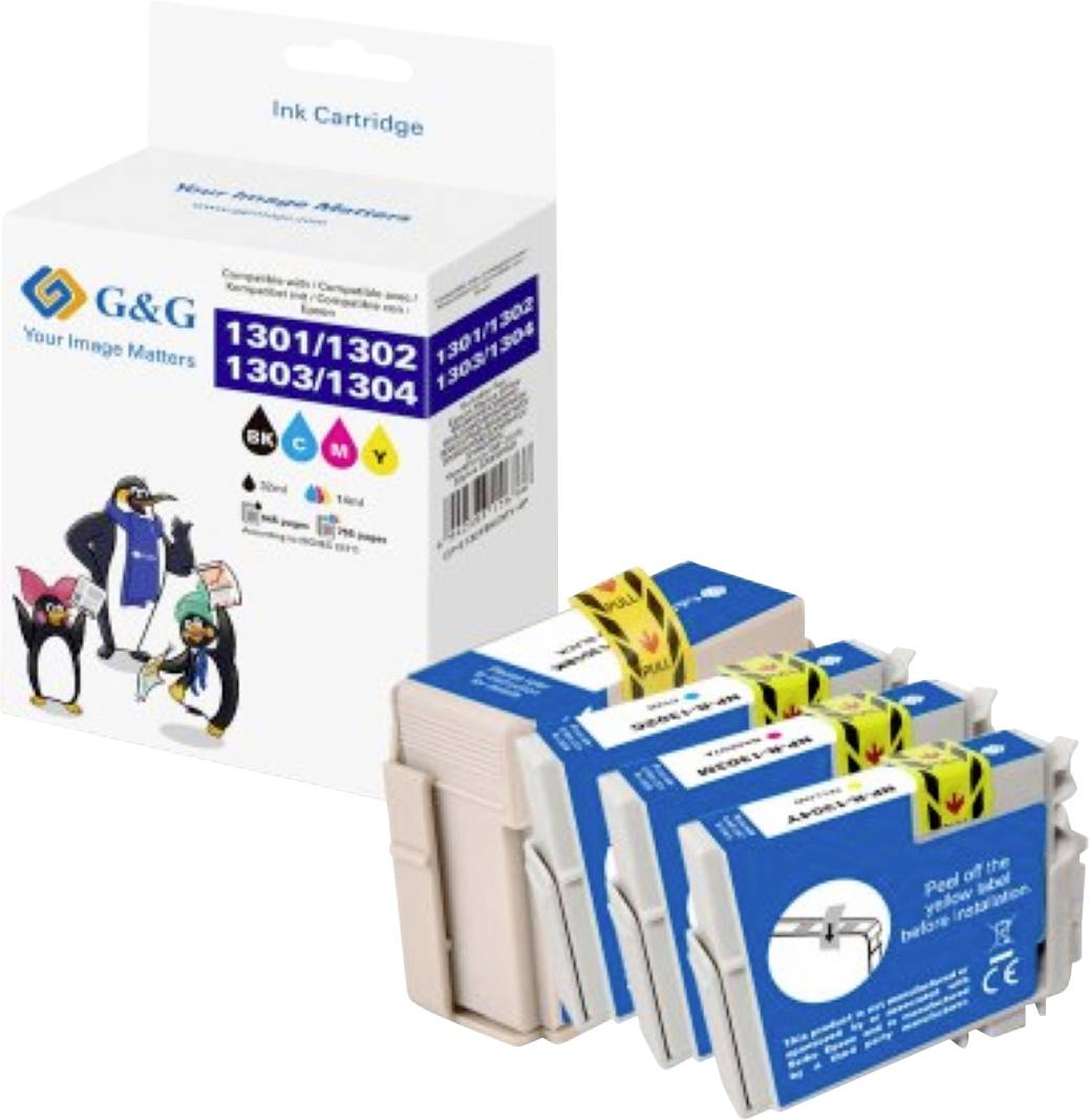 De afbeelding toont een G&G inktpatroonverpakking met drie patronen ervoor, gelabeld voor modellen 1301, 1302, 1303, 1304, in zwart, cyaan, magenta, geel.