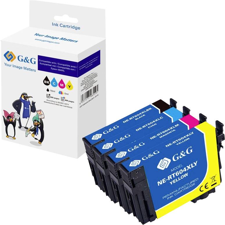 De afbeelding toont een inktpatroonpakket van het merk G&G met vier individuele inktpatronen gelabeld als zwart, cyaan, magenta en geel.