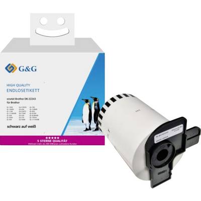 Een doos G&G hoogwaardige eindeloze labels voor Brother-printers wordt getoond met een labelrol ernaast. De doos heeft pinguïns als decoratie.
