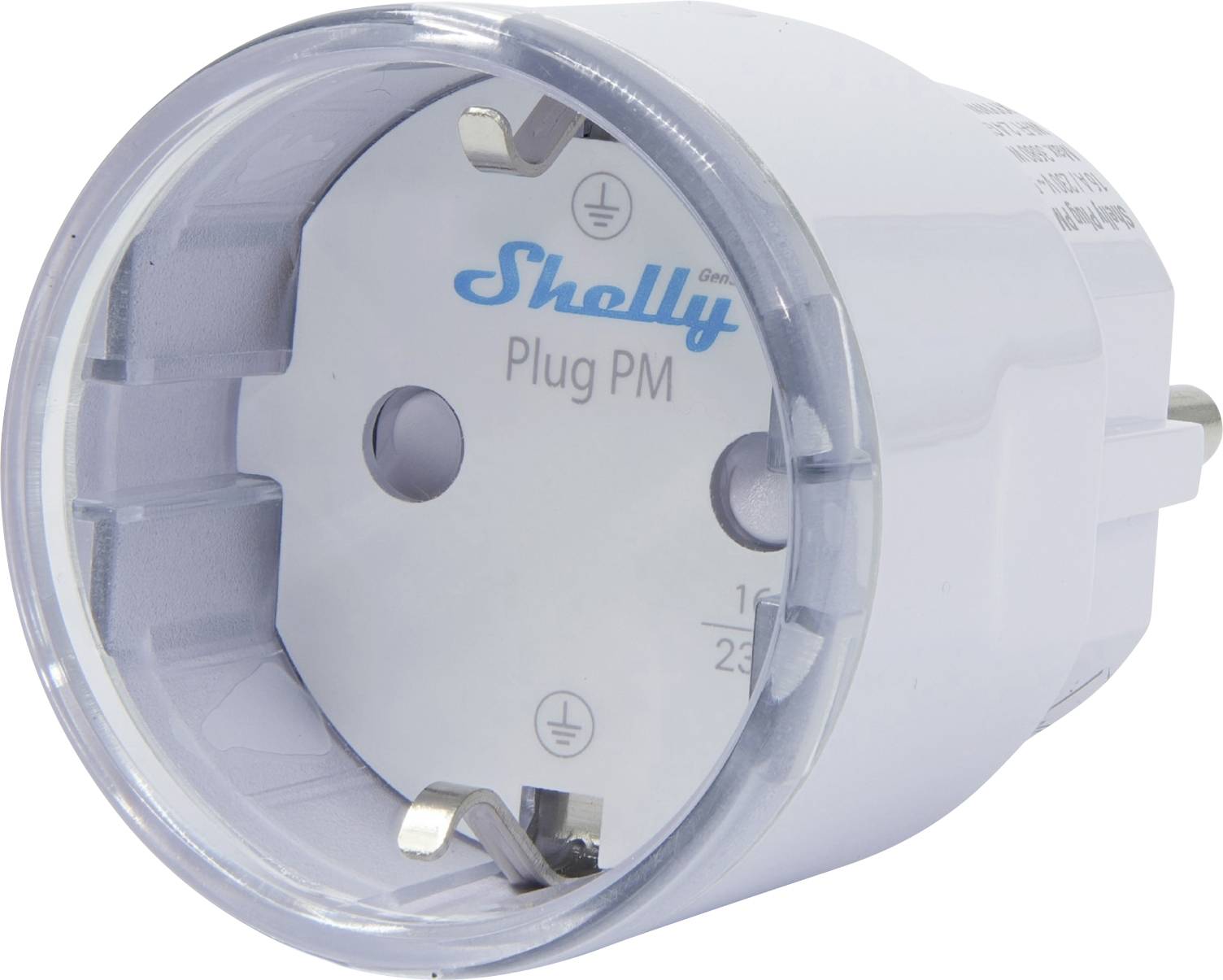 Een witte Shelly Plug PM slimme stekker met stekers, gebruikt voor het monitoren van stroomverbruik en het op afstand bedienen van apparaten.