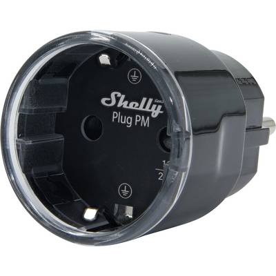 'Een zwarte Shelly Plug PM slimme stekker met twee steekcontacten en een aardingsaansluiting, ontworpen voor het bewaken van energieverbruik en afstandsbediening.'