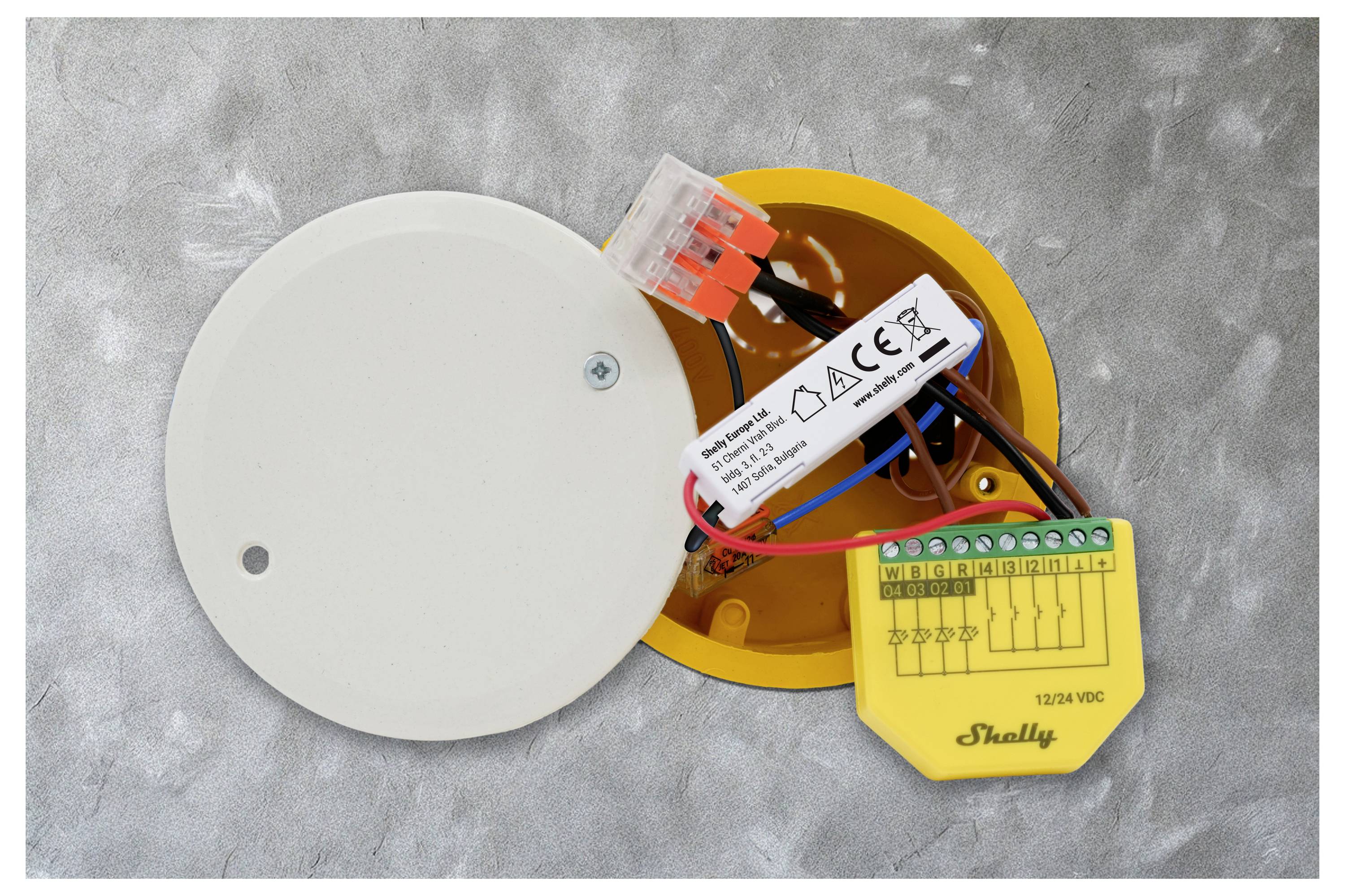 Een open elektriciteitsverdeeldoos met zichtbare interne bedrading en een Shelly slimme relaisapparaat met zichtbare aansluitklemmen en labels.
