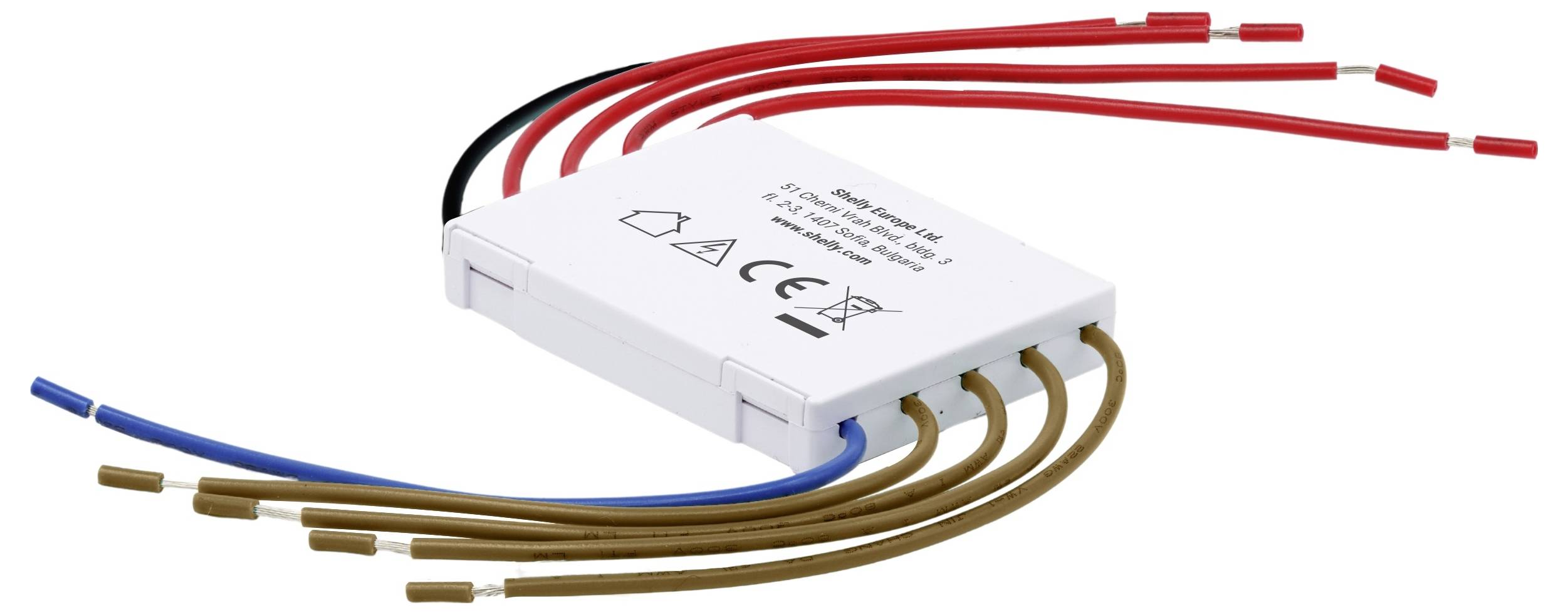 Een compact elektronisch component met meerdere gekleurde draden die ervan uitsteken, gebruikt voor elektrische verbindingen en bedrading toepassingen.