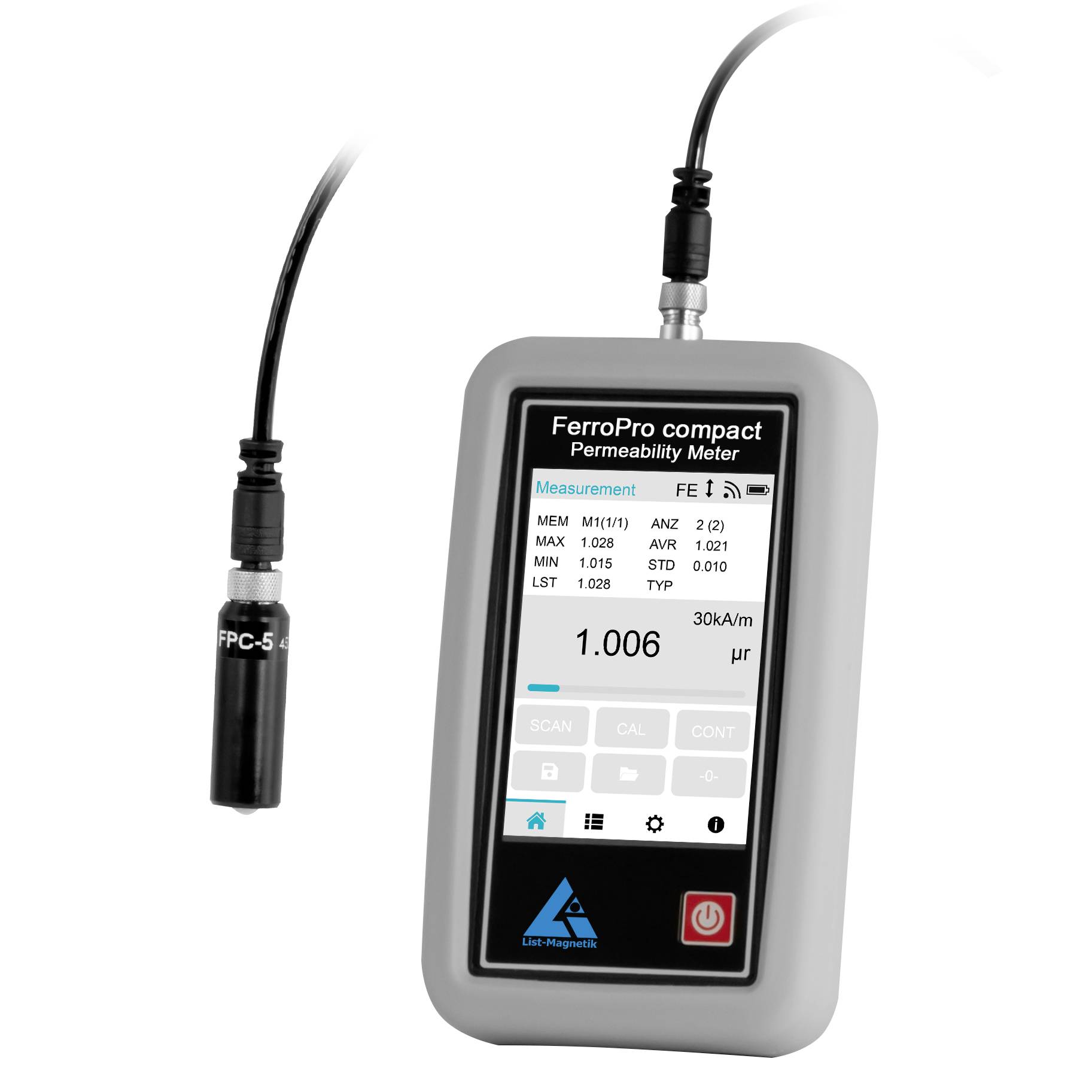 Draagbare FerroPro compacte permeabiliteitsmeter met probe, met meetwaarde 1.006 µr op het scherm.
