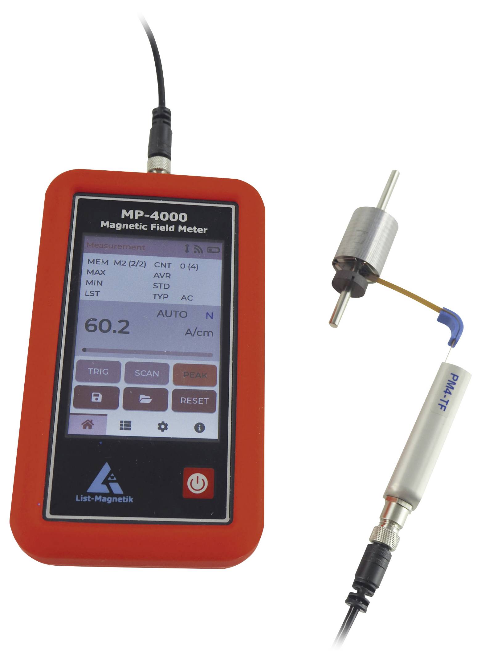 Handheld MP-4000 magnetisch veldemeter met digitale display en sensorprobe, weergegeven met de bijgevoegde probeassemblage.