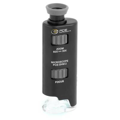 Handheld digitale microscoop met label PCE-DHM 2 met zoom- en focusschuivers en een transparante basis voor het bekijken van monsters.