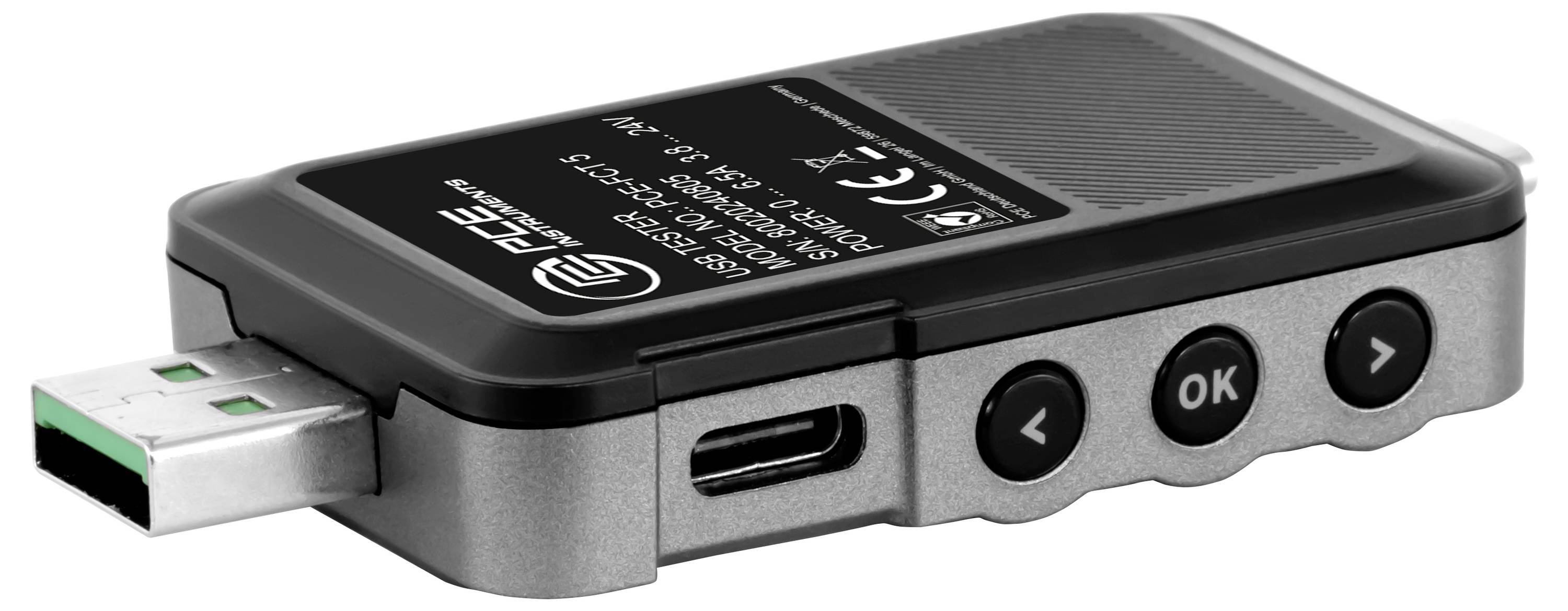 USB-hardwarebeveiligingssleutel met een USB-A-stekker, USB-C-poort en drie knoppen met het label terug, OK en vooruit.