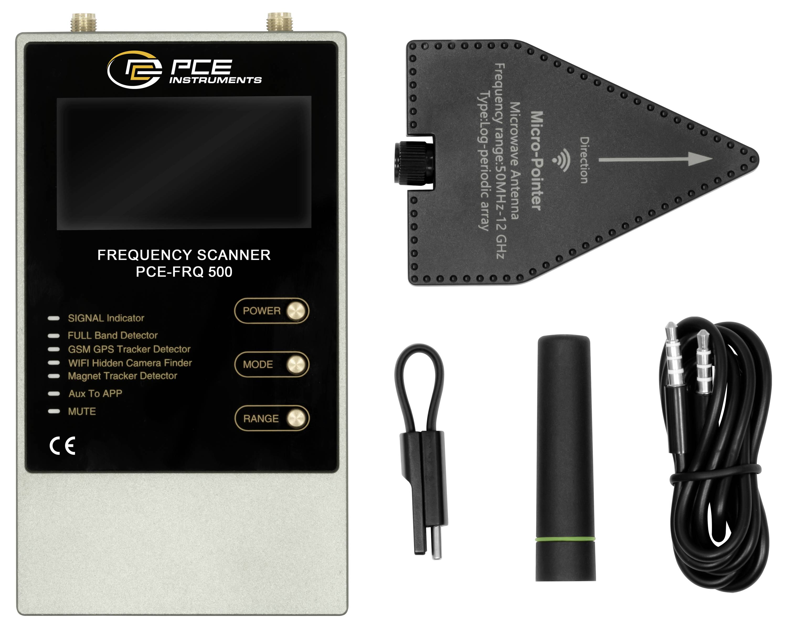 PCE Instruments frequentiescanner-kit met draagbare scanner, richtingsantenne, kleine sonde, zwarte cilinder en spiraalvormige kabel op witte achtergrond.