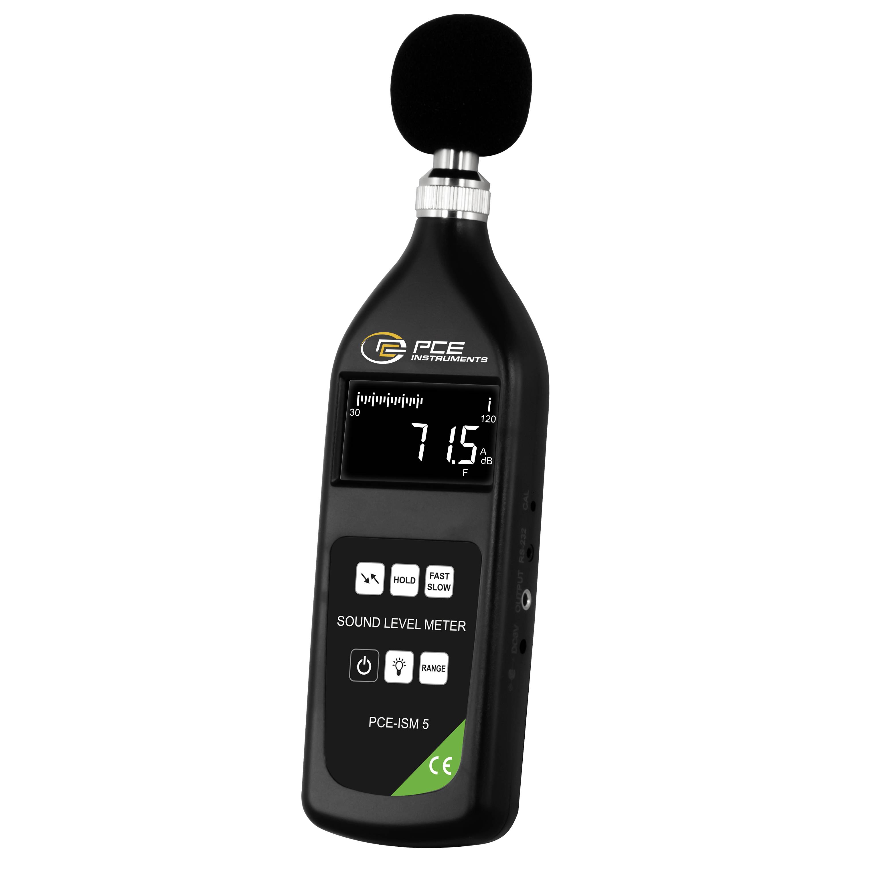 Zwarte handheld geluidsniveaumeter met schuimmicrófoon, digitaal display dat 71,5 dB weergeeft, en gelabelde bedieningsknoppen op een witte achtergrond.
