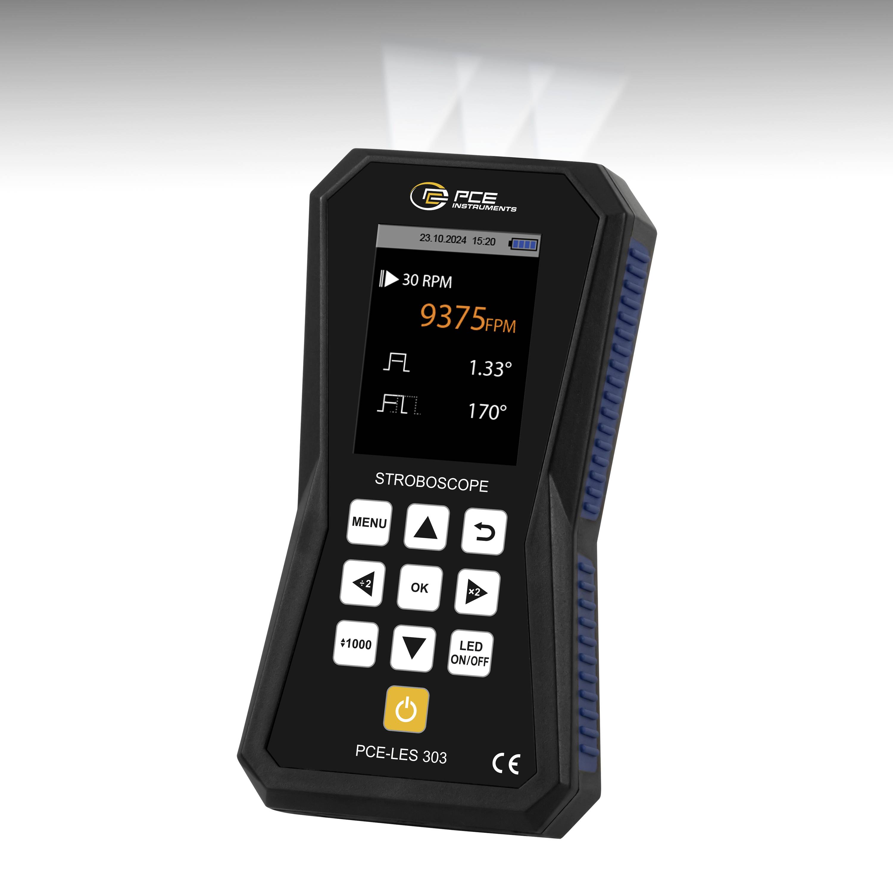 Handheld PCE LES 303 stroboscoop met 9375 FPM en 30 RPM op het scherm, met bedieningsknoppen eronder.