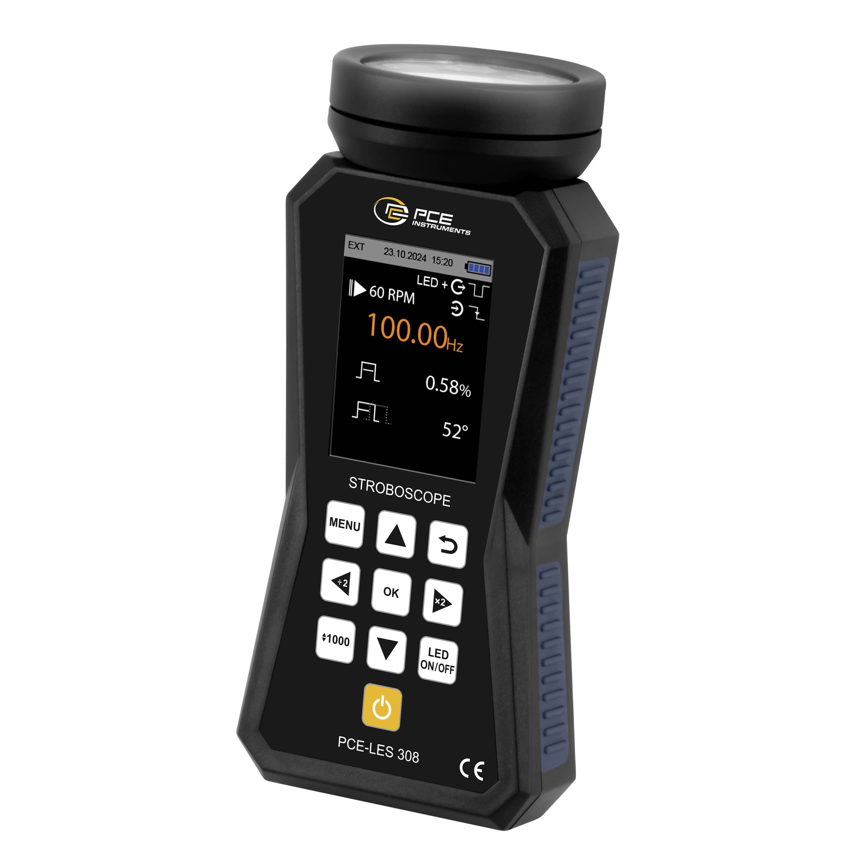 Handheld digitaal stroboscoopapparaat met scherm dat 100,00 Hz weergeeft en bedieningsknoppen.