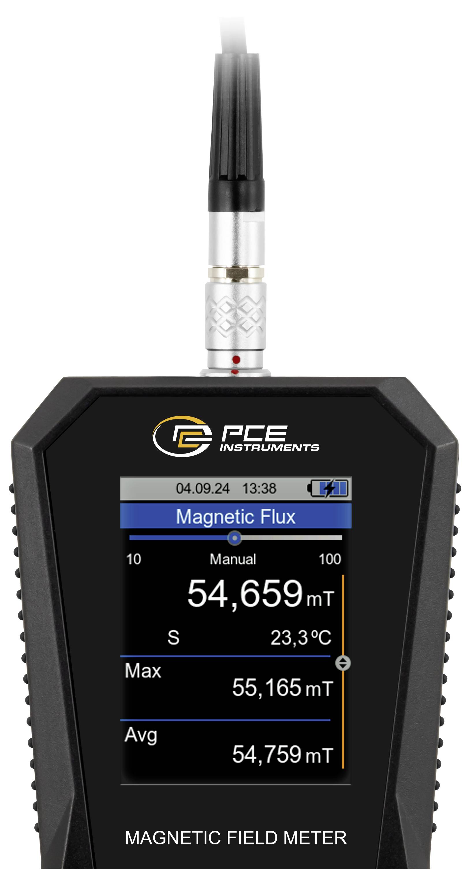 Handheld PCE-instrumenten magnetisch veldmeter met sonde, met 54.659 mT weergave in handmatige modus en max/gem-aflezingen op het scherm.