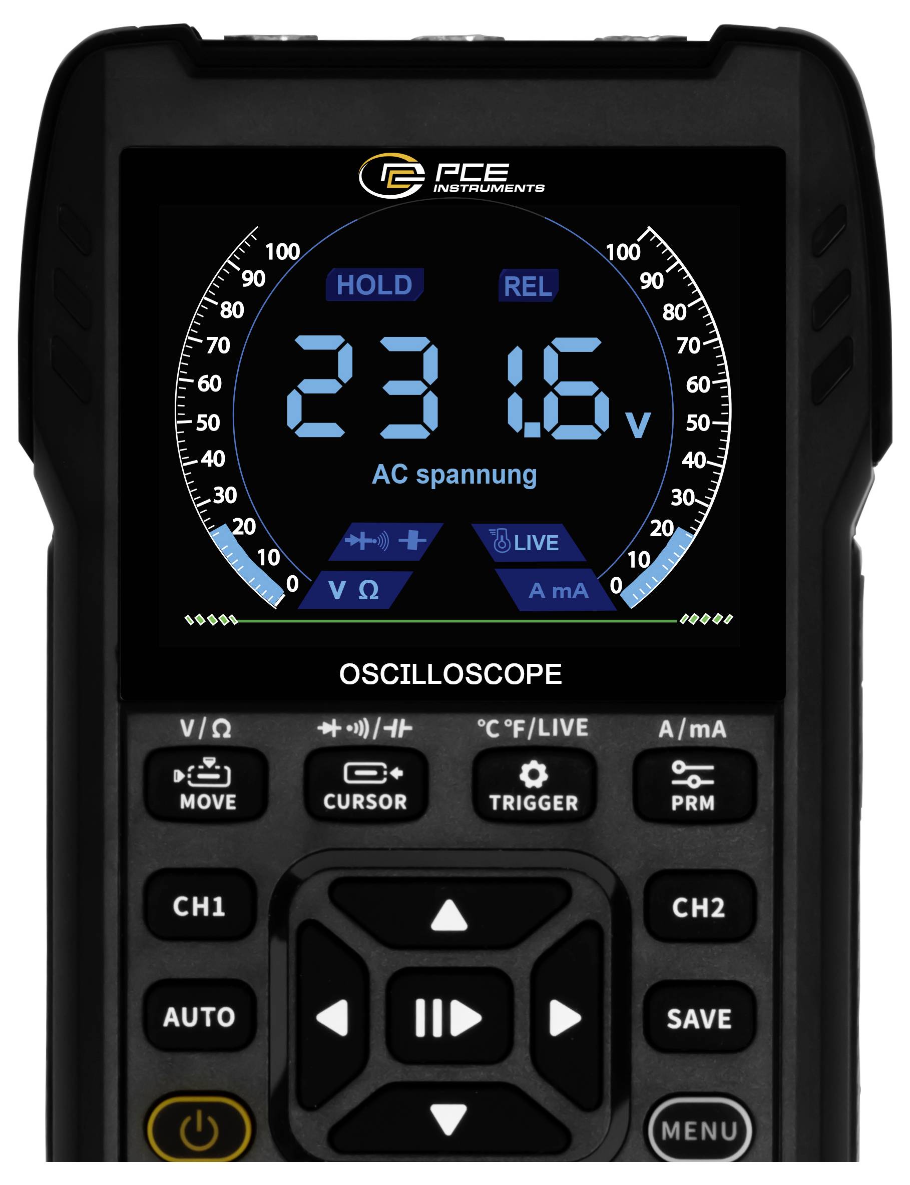 Draagbare digitale oscilloscoop toont 231,6 V AC-spanning op het scherm, met kanaal-, trigger-, opslaan- en menubedieningselementen eronder.