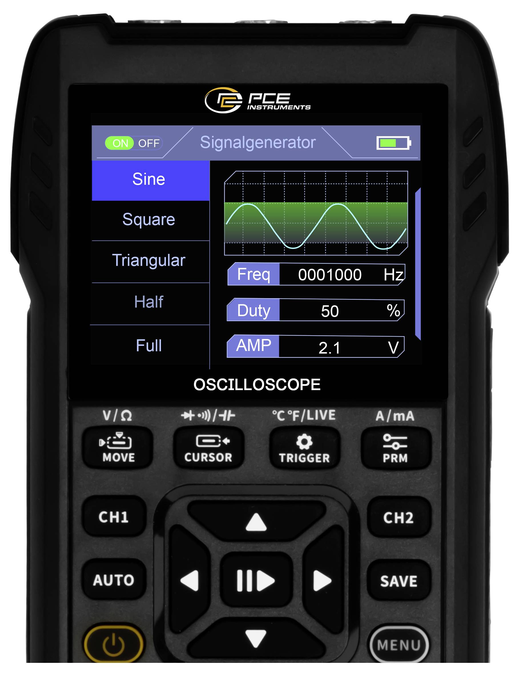 Handheld PCE-instrumenten signaalgenator/oscilloscoop toont een sinusgolf, met instellingen voor frequentie, dutycycle en amplitude, en bedieningsknoppen eronder.
