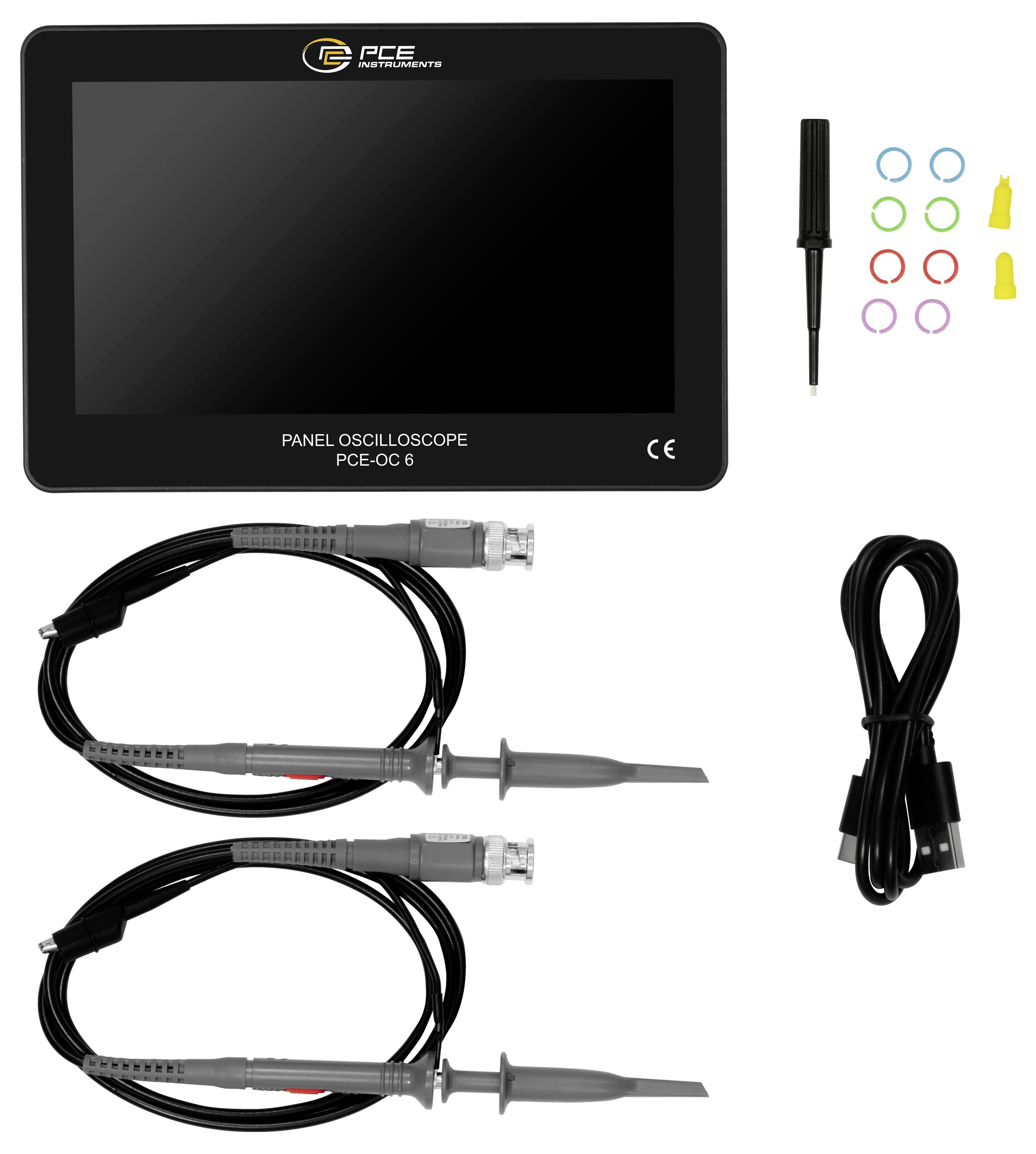 PCE-paneeloscopeoscopie met aanraakscherm, twee meetkabelprobes, probeertip en USB-voedingskabel op een witte achtergrond.