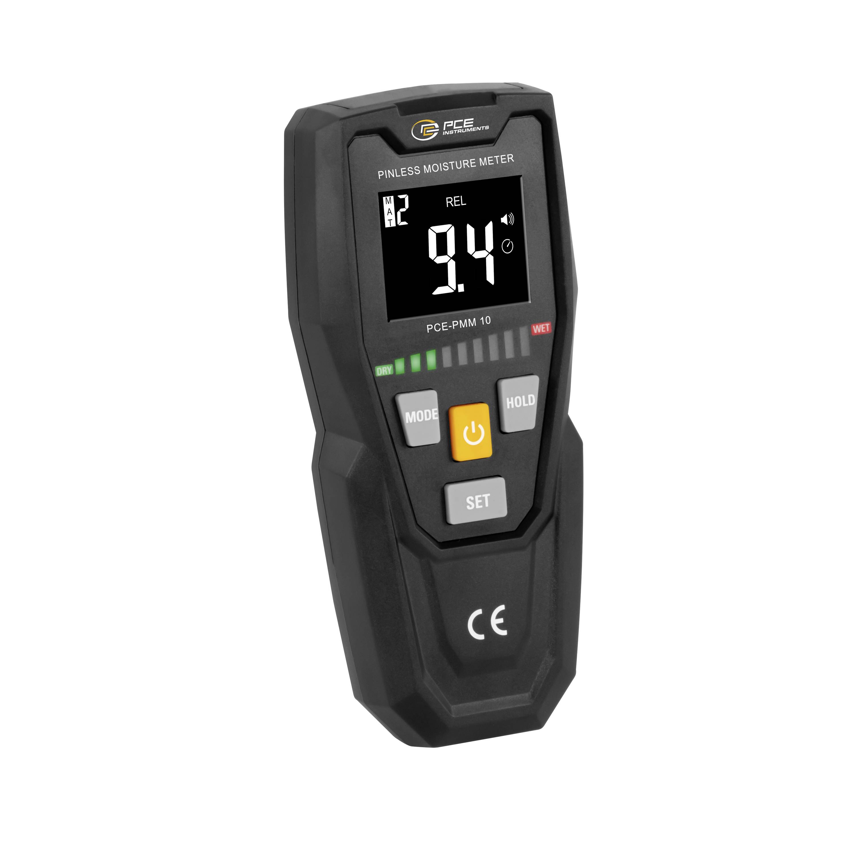 Handheld vochtmeter zonder pins met scherm dat 9,4% weergeeft, met mode-, hold-, power- en set-knoppen.