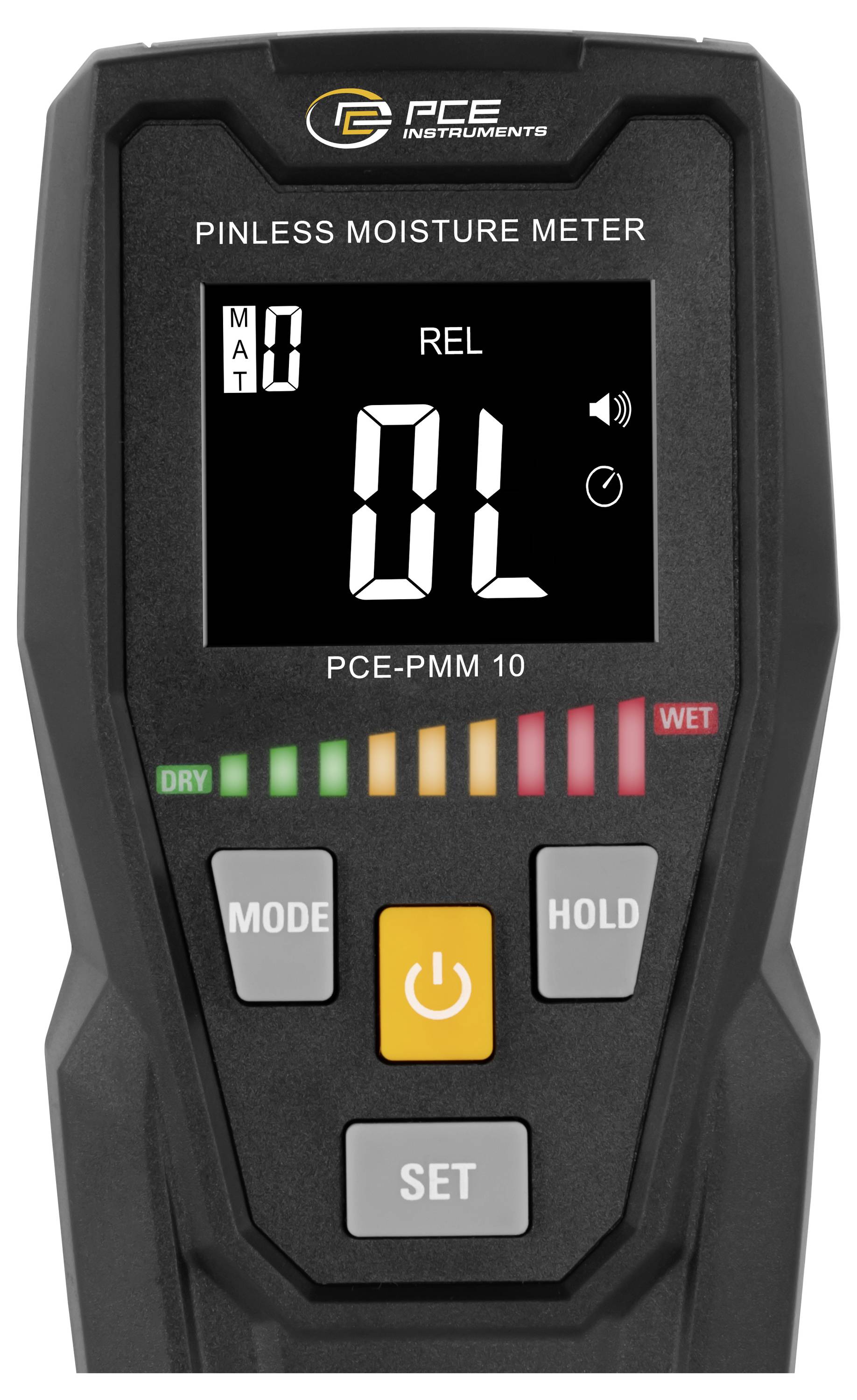 Handheld PCE pinloze vochtmeter met 'OL' op het scherm, met mode-, power-, hold- en set-knoppen en een droog-tot-nat indicatorschaal.