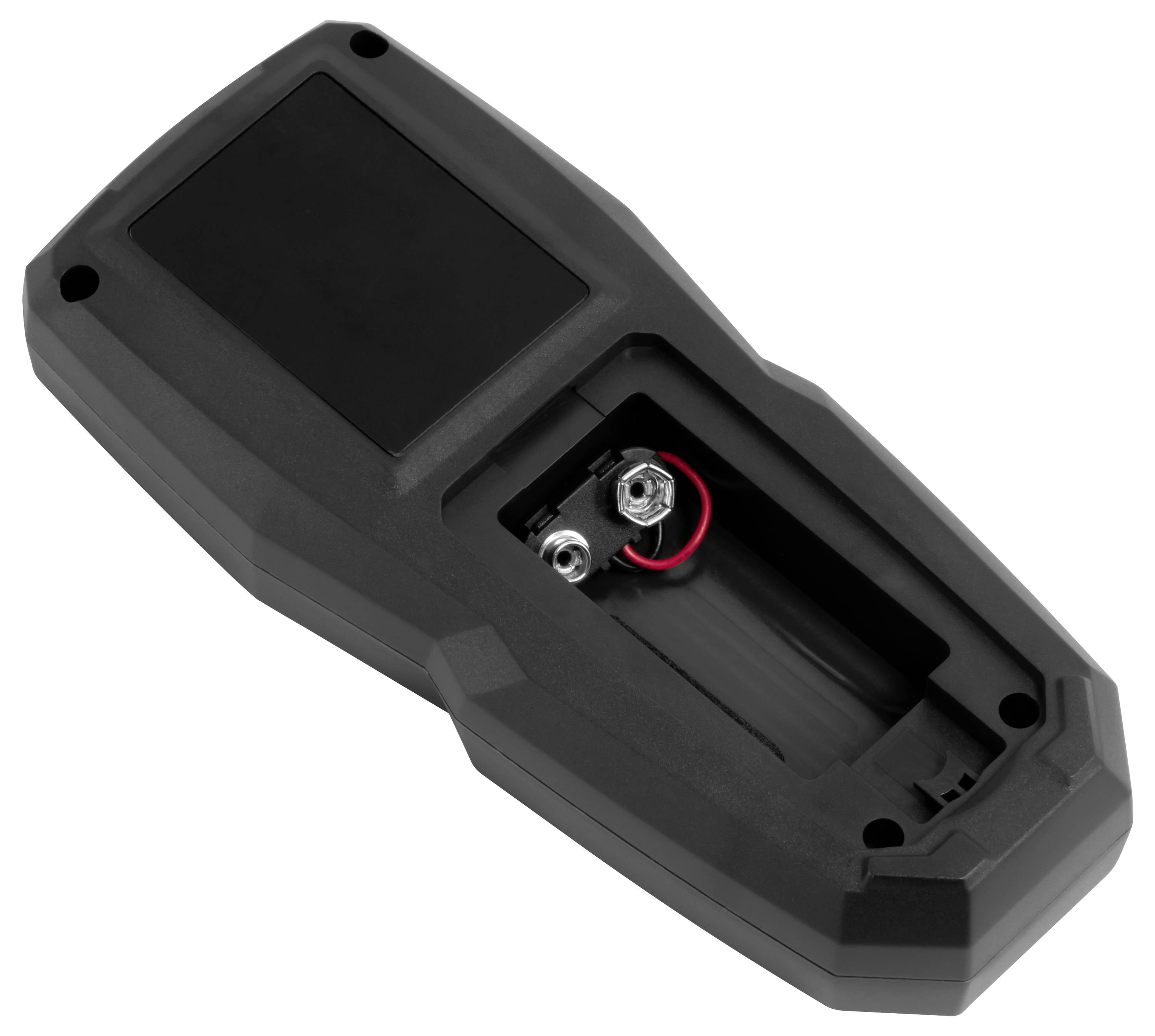 Zwart kunststof elektronisch apparaatbehuizing met een open batterijvak dat rode en zwarte batterijkabels en aansluitklemmen toont.