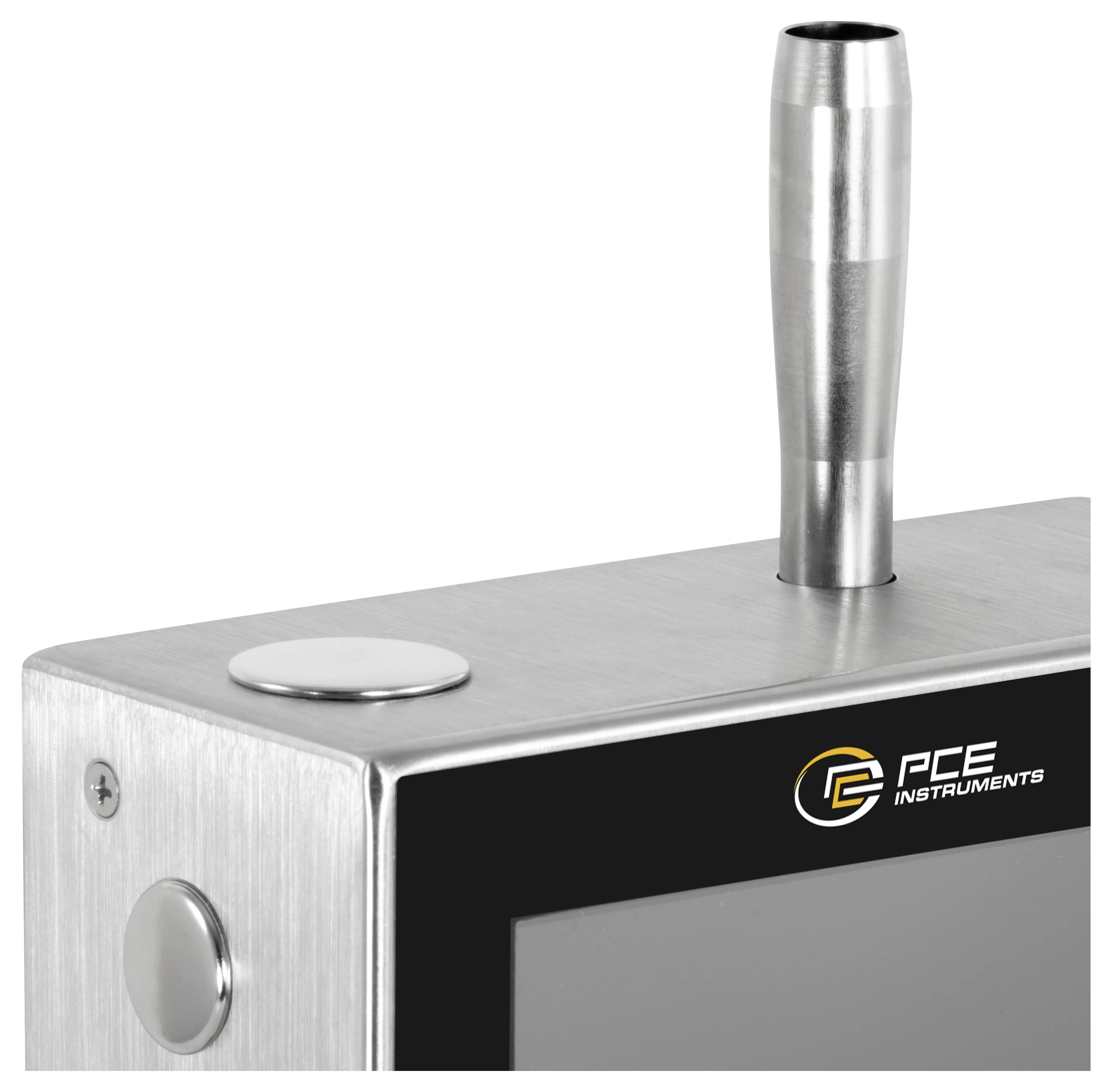 Close-up van een roestvrijstalen PCE Instruments-apparaat met een verticale cilindrische buis en een ronde knop op de voorkant hoek.
