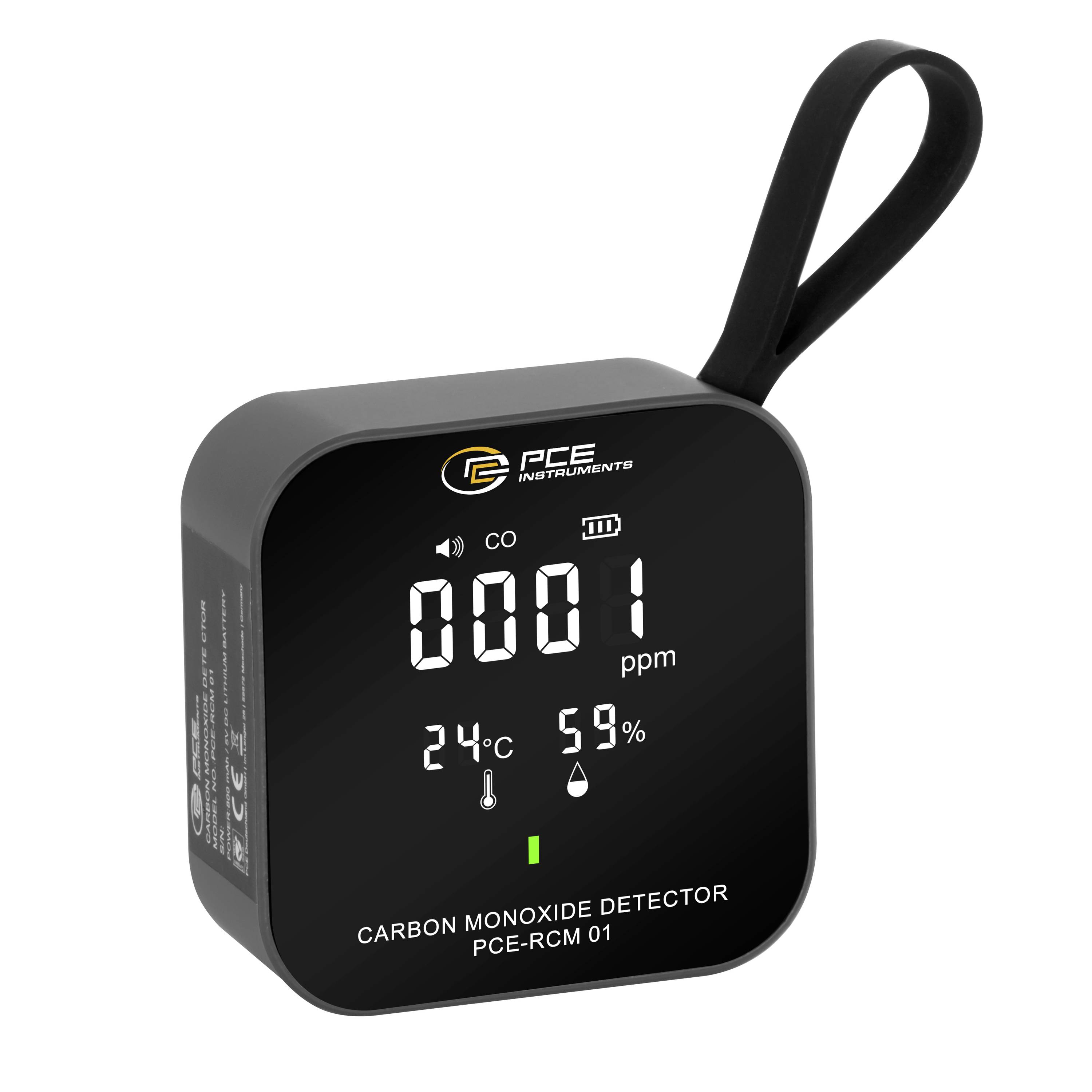 Draagbare koolmonoxide-detector met digitaal display dat 1 ppm, 24°C en 59% vochtigheid aangeeft, voorzien van een lusband voor ophangen.