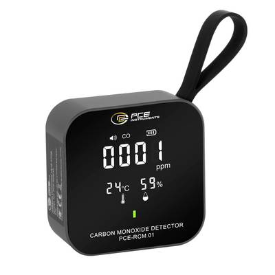 Draagbare koolmonoxide-detector met digitaal display dat 1 ppm, 24°C en 59% vochtigheid aangeeft, voorzien van een lusband voor ophangen.
