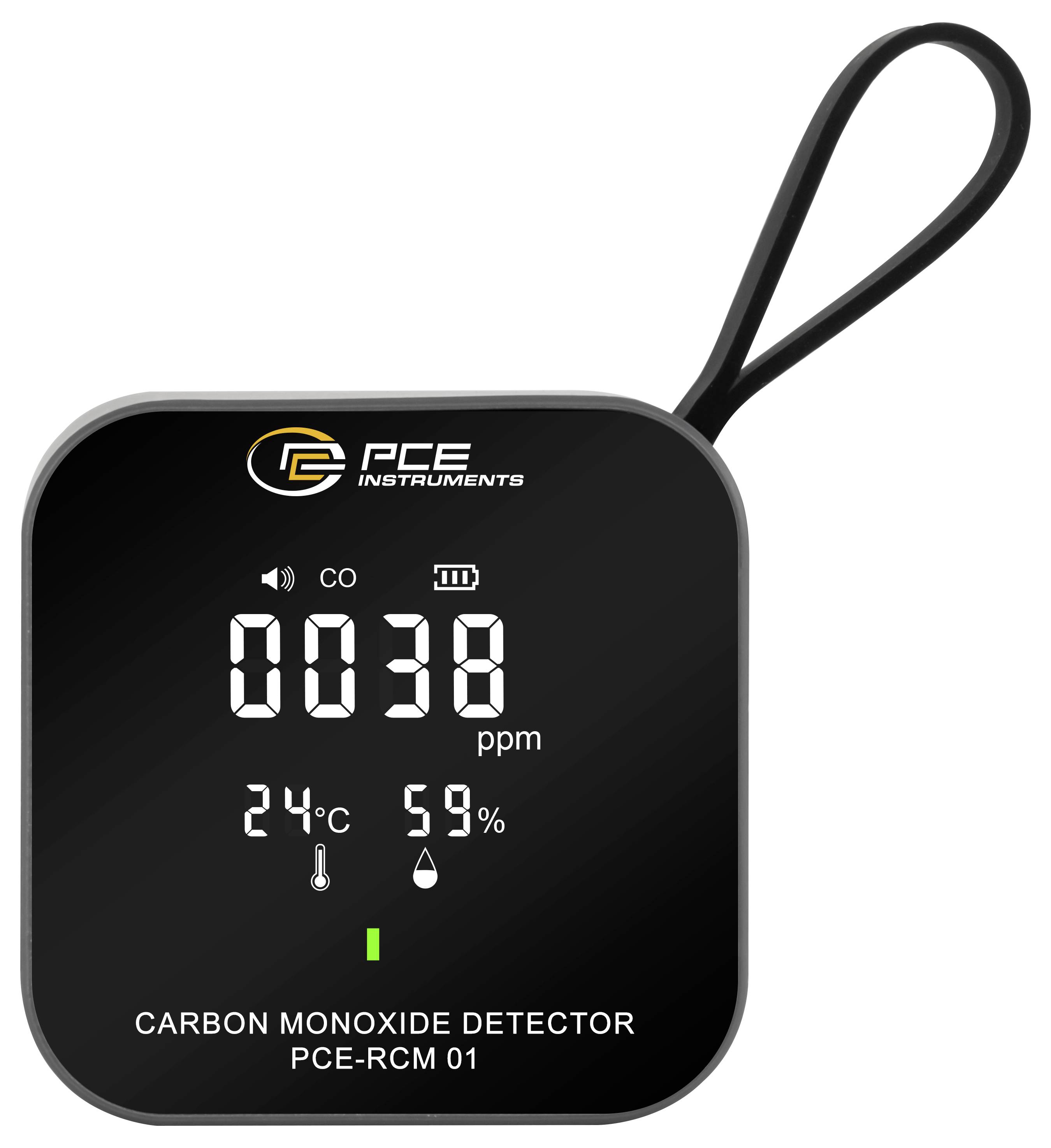 Draagbare PCE-instrument koolmonoxidedetector met 38 ppm, 24°C en 59% luchtvochtigheid op een digitaal display met polsband.