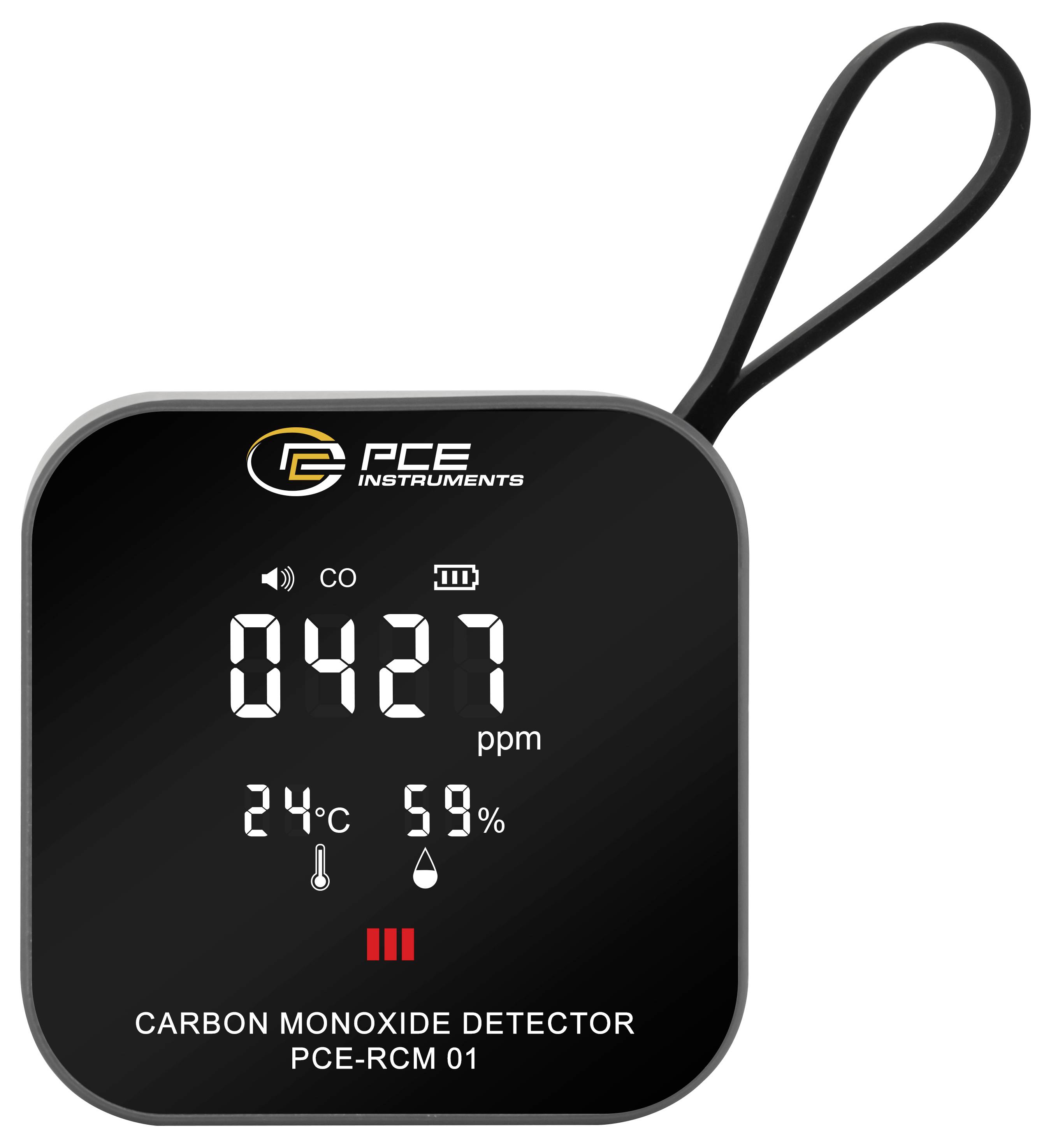 Draagbare PCE koolmonoxidedetector met op het digitale display 427 ppm, 24°C en 59% vochtigheid weergegeven, met een polsband.