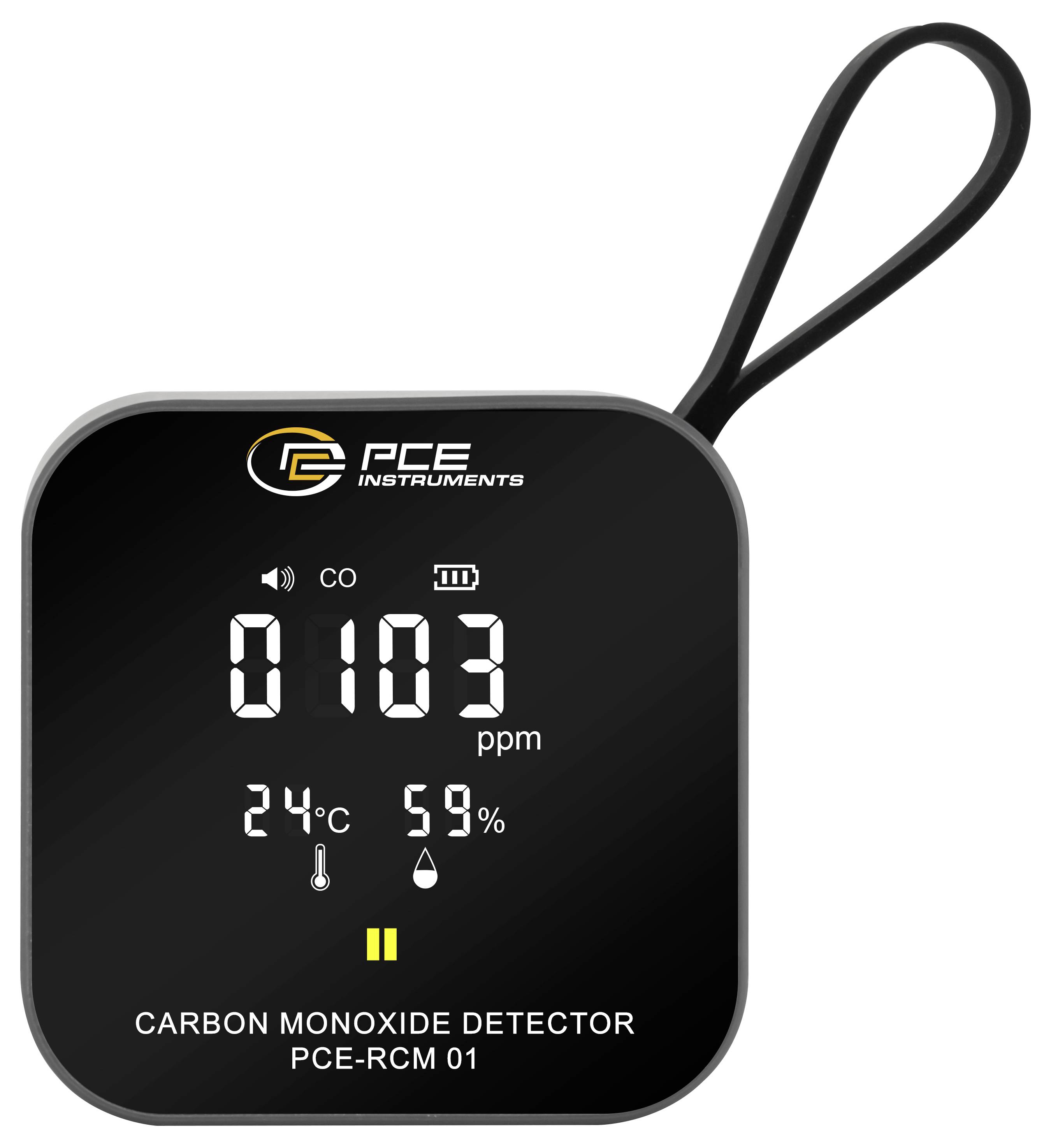 Draagbare PCE-koolmonoxidemelder toont '103 ppm', 24°C en 59% luchtvochtigheid op een digitaal display met lusband.