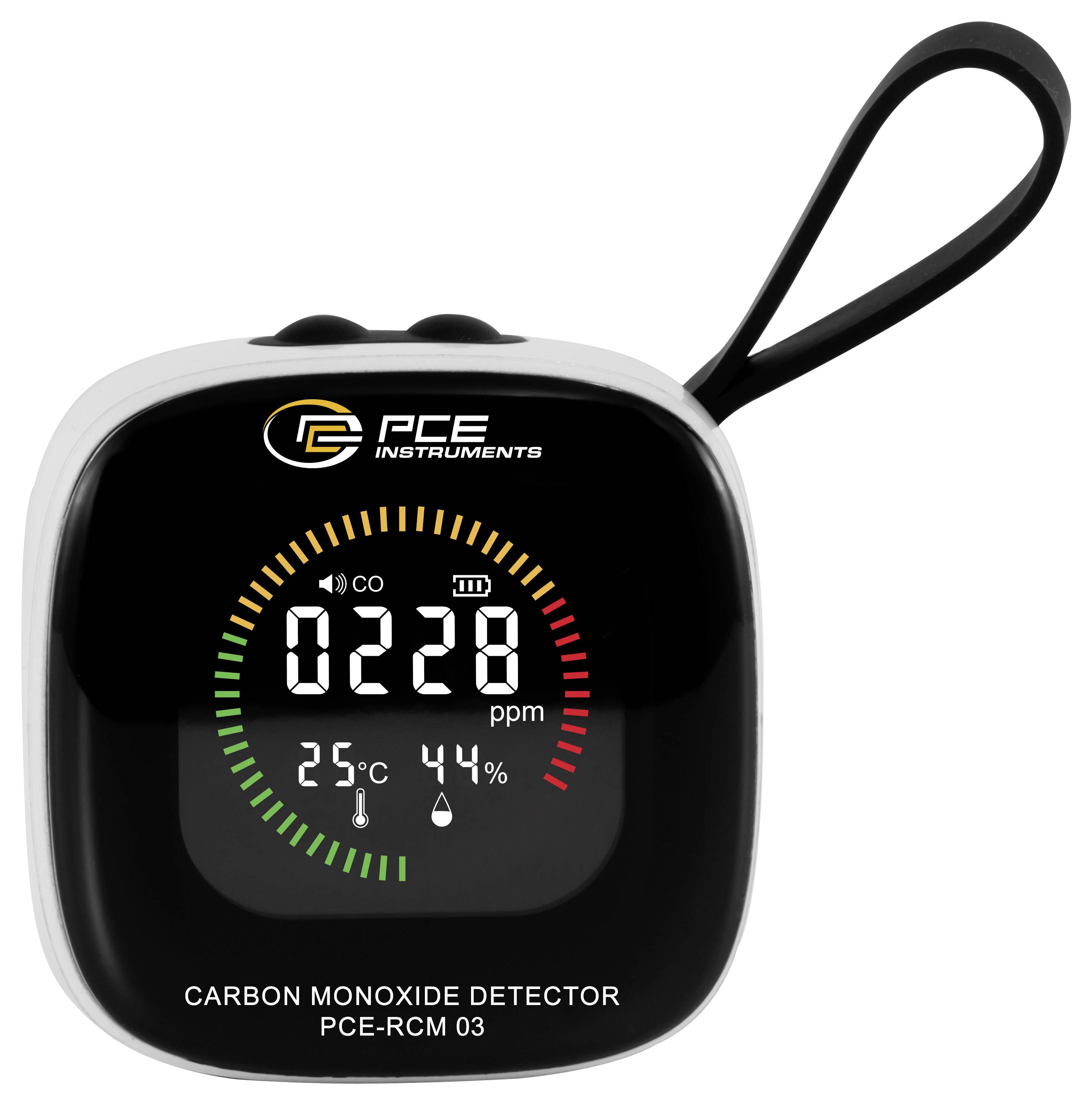 Draagbare PCE koolmonoxide detector met een CO-waarde van 228 ppm, temperatuur op 25°C en luchtvochtigheid op 44%.